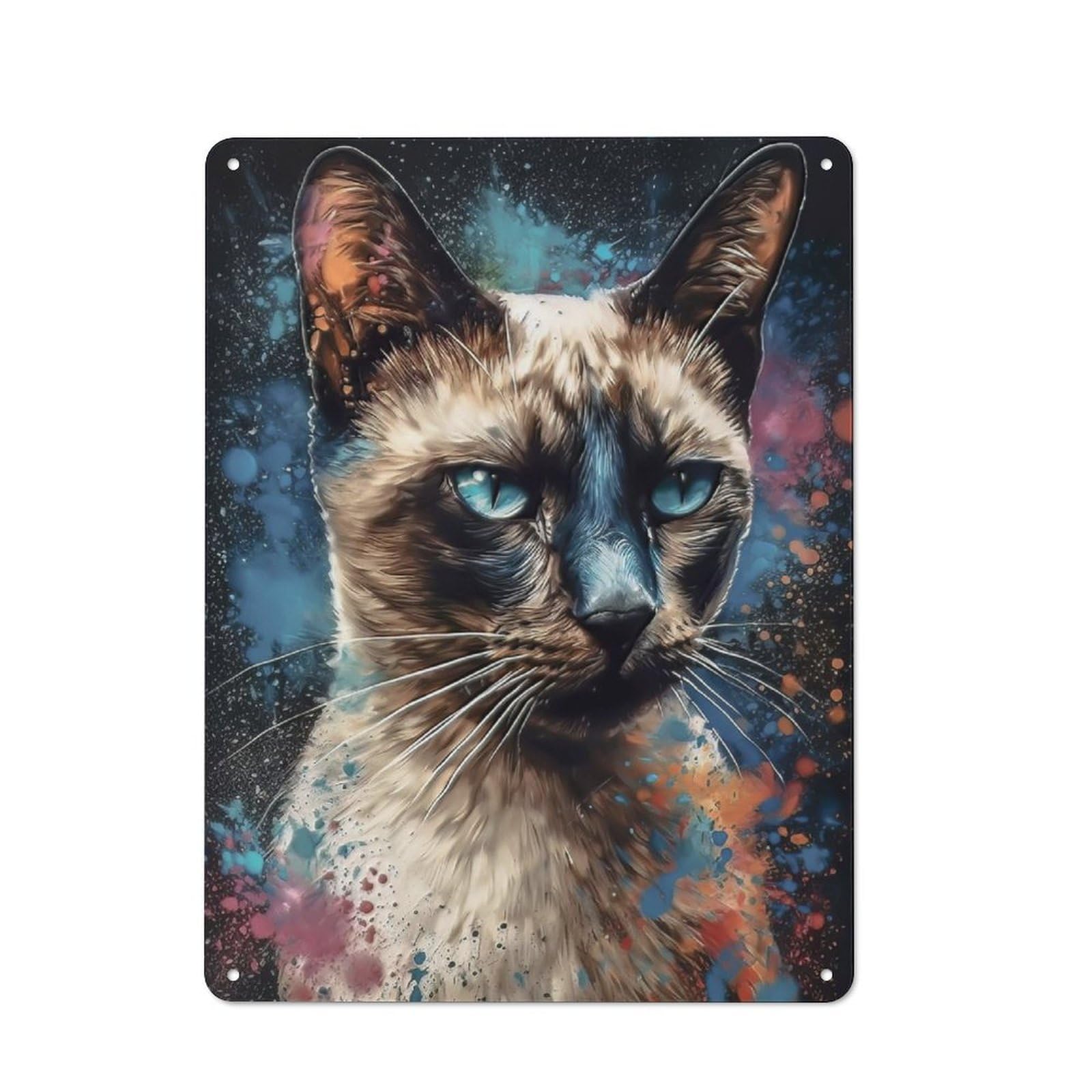 Junmoney Siamese Cat Painting Rustic Tin Wall Plaque 40X30cm For Guest Room Or Hallway, For Garage, Workshop And Man Cave Decoration