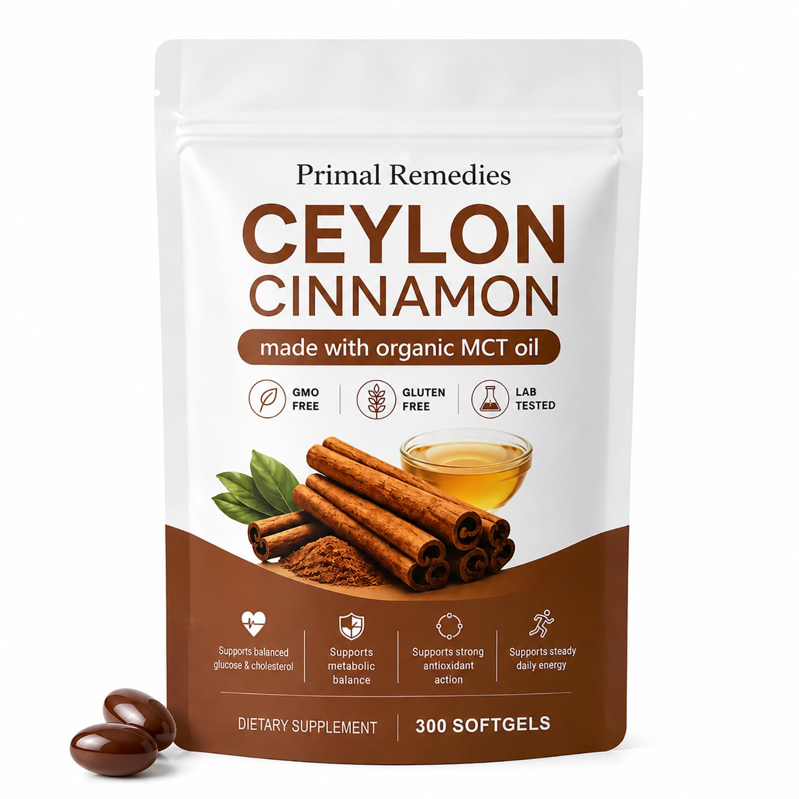Primal Remedies Ceylon Cinnamon with Mct Oil- 300 SoftGels, Supports Metabolic Balance, Energy & Daily Wellness, Ceylon Cinnamon Organic, Non-GMO Gluten Free 1pc