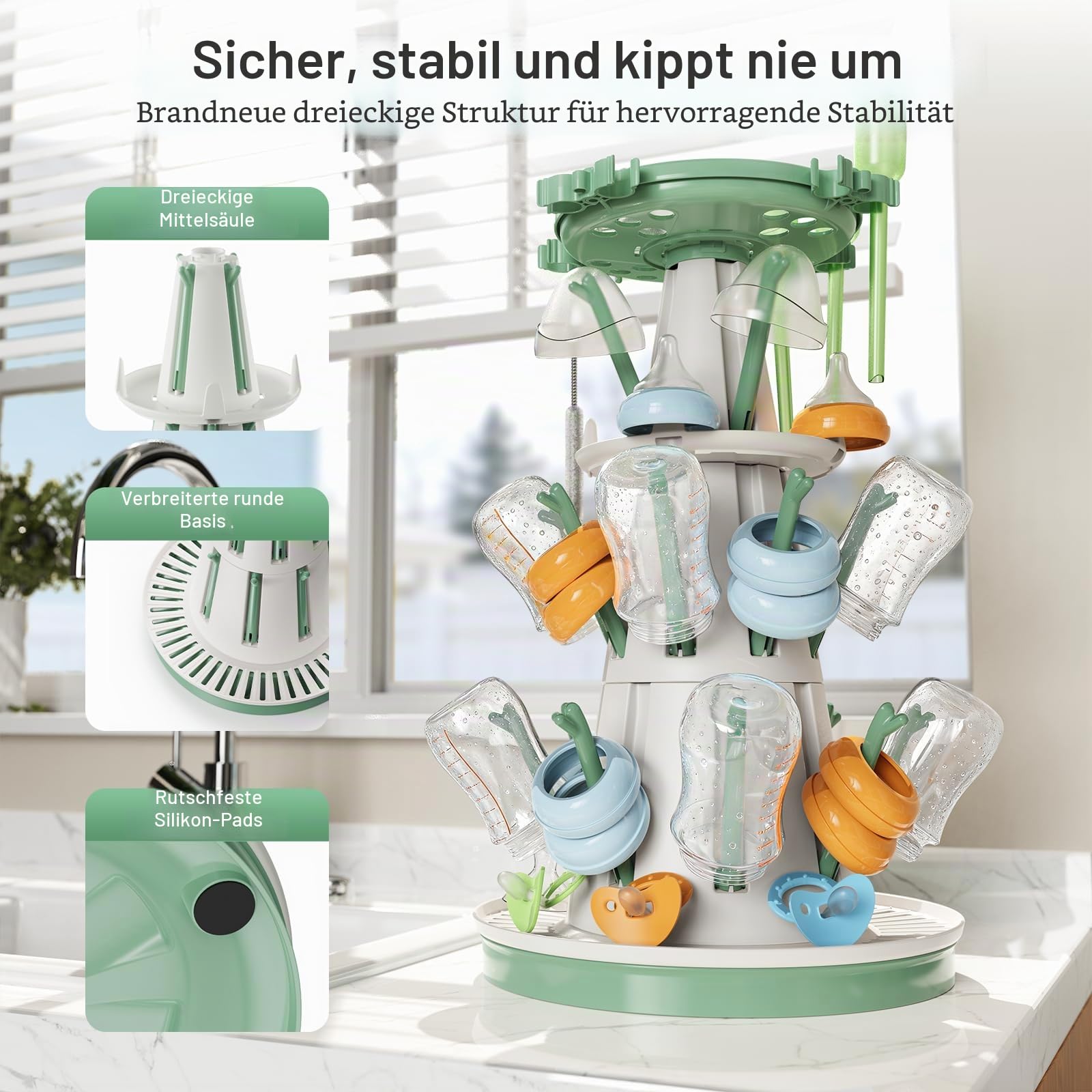 Trockenständer Babyflaschenr, 20 Haken abtropfgestell flaschen, platzsparender Stand Arbeitsplatte Trockenständer, vertikaler Flaschentrockner Halter mit Abflussrohr, für Babyflaschen und Babyzubehör