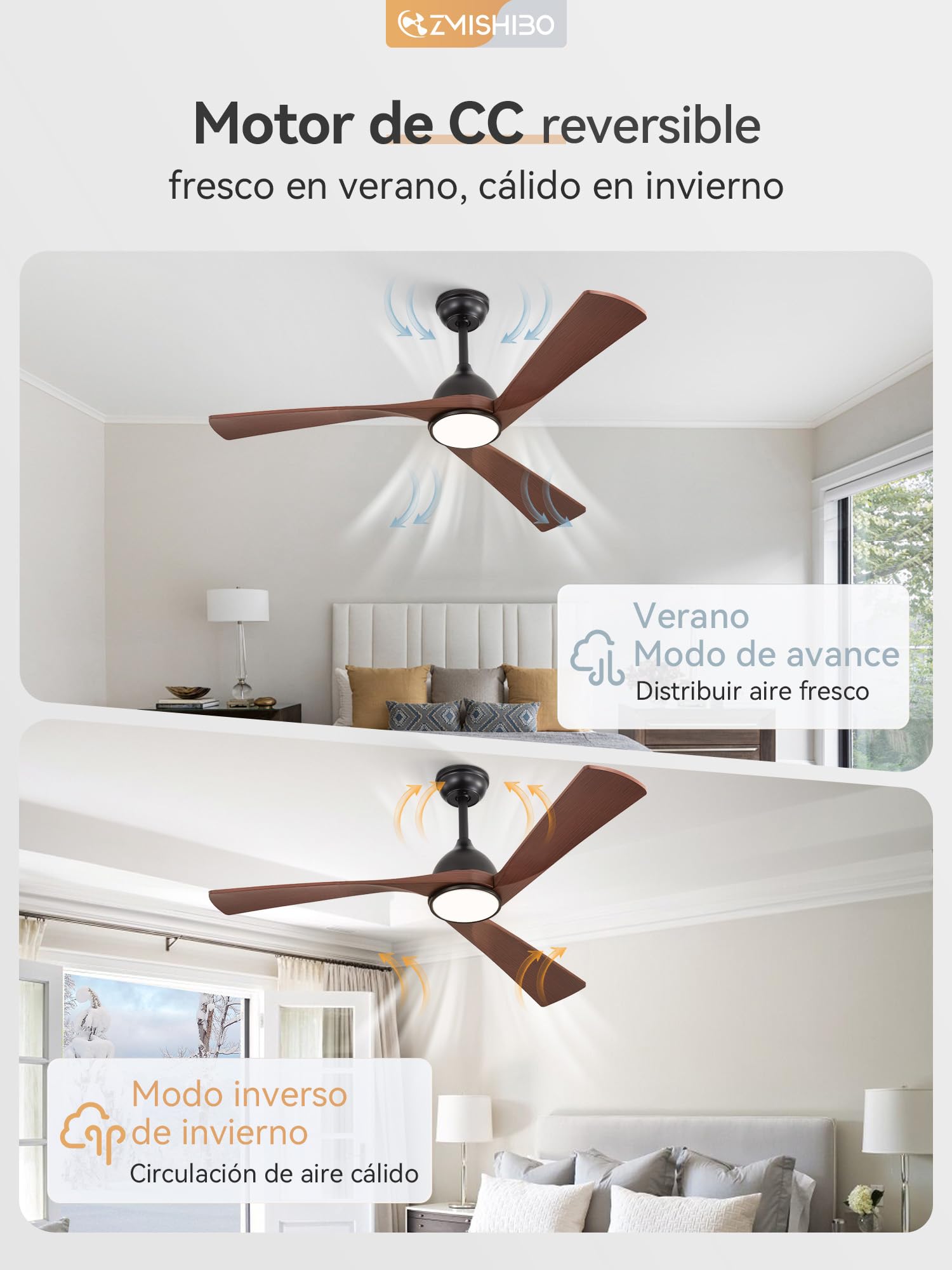 Ventilador Techo Luz Ø132cm, Motor DC Silencioso, 6 Velocidades + 3 Temperaturas LED (3000K-6000K), Reversible Verano/Invierno, Temporizador 1/4/8h, ABS Madera Marrón Oscuro,Montaje por el cliente