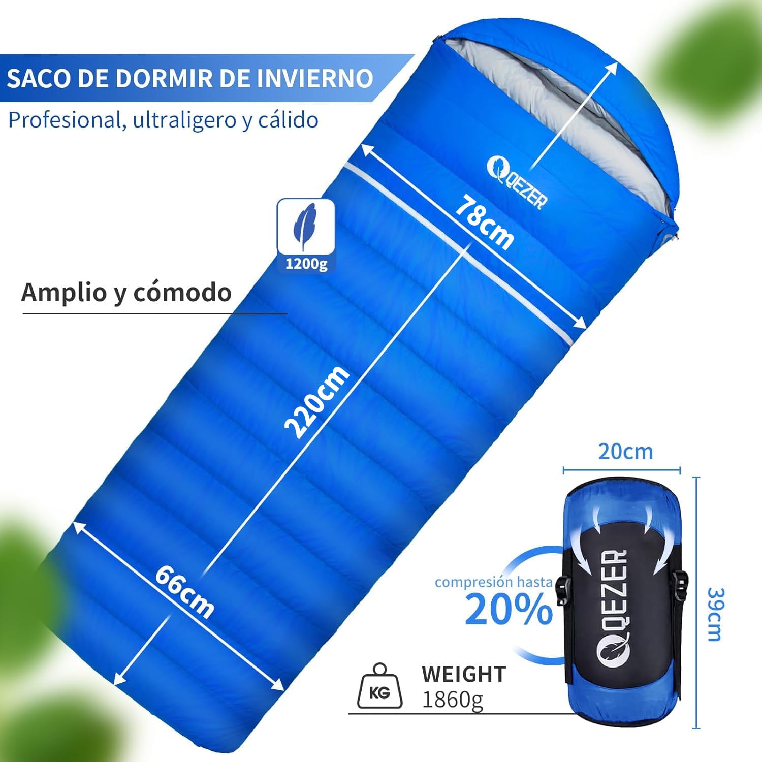 Saco de Dormir Plumón 220 cm x 80 cm 10 ℃ / 0 ℃ / -10 ℃ /-20℃ Saco de Dormir 4 Estaciones Ultraligero Adultos y Niños,Sleeping Bag para Camping y Senderismo