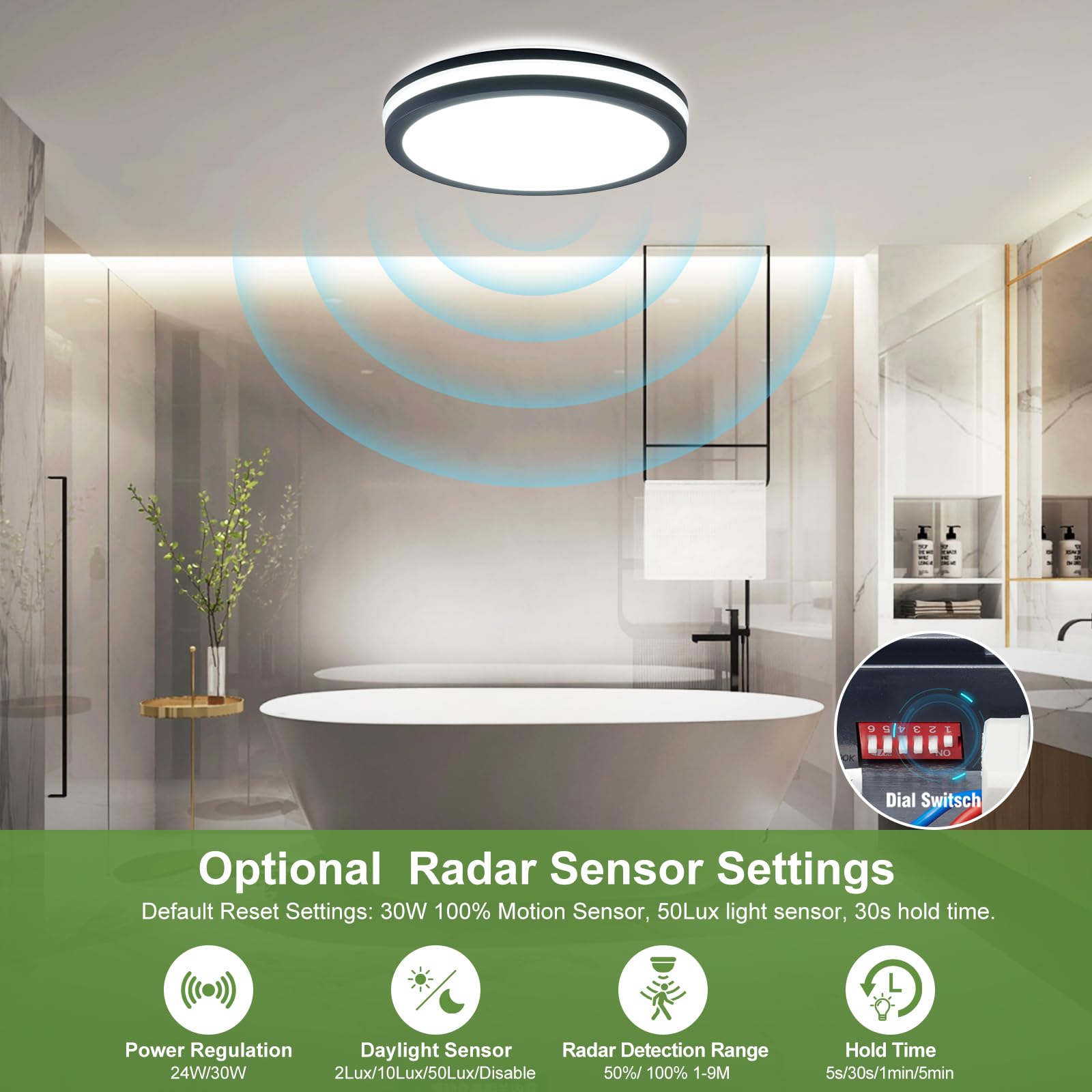 LEZOE LED Deckenleuchte mit Bewegungsmelder IP65 Wasserdicht, 24W/30W 4500lm 150(Lm/W) Sensor Radar Deckenlampe 3000K/4000K/6500K Ideal für Bad, Feuchtraum, Garage, Keller, Flur, Balkon, Diele Ø26cm