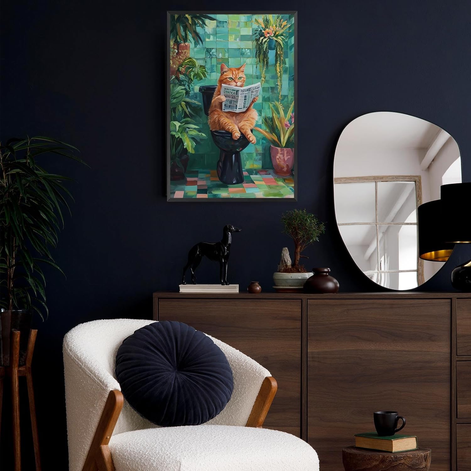 KIJDID Funny Cat On Toilet Reading Newspaper Canvas Wall Art Cute Cat Bathroom Aesthetic Posters Farmhouse Humor Animal Art Picture Painting For Living Room Restroom Wall Decor 16x24in Framed