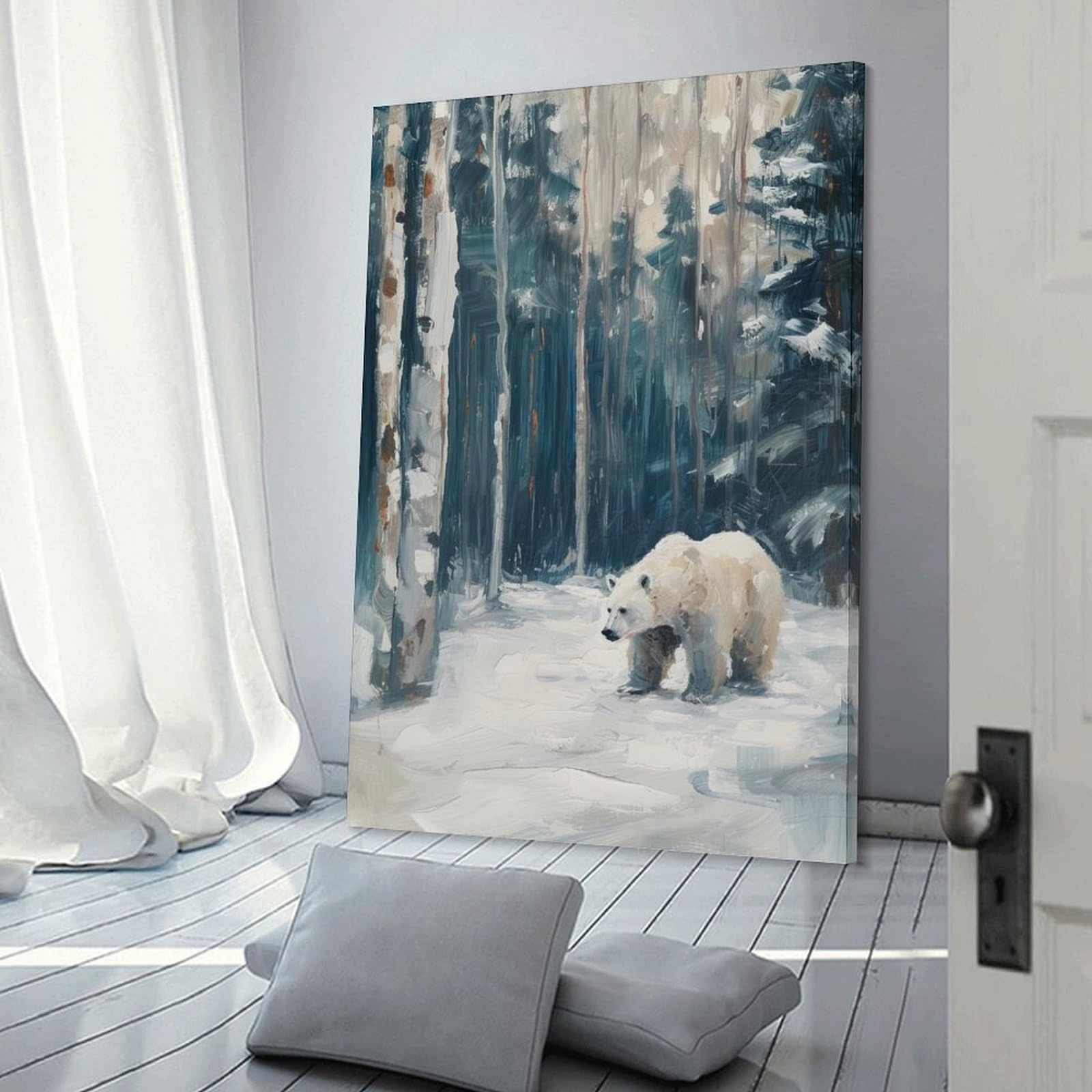 Junmoney Frame-Style-17 Hanging Wall Art Polar Bear In Winter Forest Painting, 24X36inch(60X90cm), For Gallery Wall Layouts In Home Or Office, An Easy Match For Collected Prints