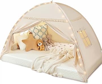 Toddler Canopy Lights & Flags Indoor Floor Bed Kids Tent Playhouse Portable & Foldable Twin Bunk Bed Curtains Girls & Boys House Bedroom Privacy Space Sleeping Tents Gifts Golden Beige Large Size