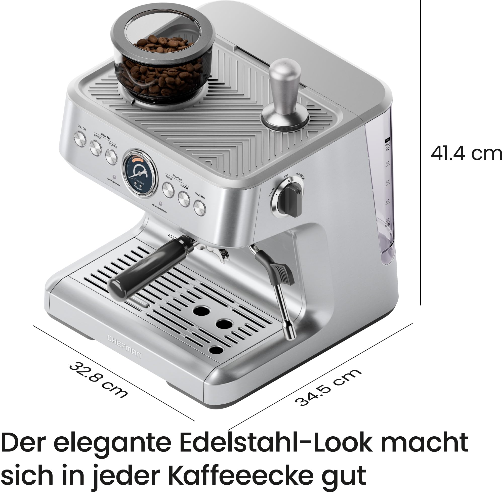 Chefman Crema Supreme 15 Bar Espressomaschine, Kaffeemühle, 30 Mahlgrade | Milchaufschäumer, Barista-Dampfstab, 3L abnehmbarer Wassertank, Edelstahl