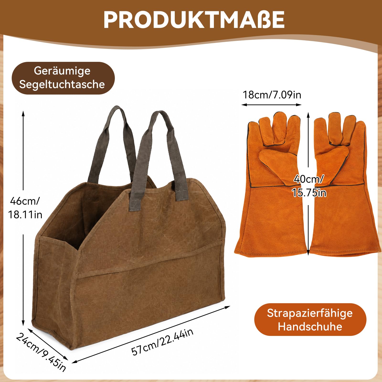Borsa per legna da ardere, borsa per legna da ardere con guanti ignifughi