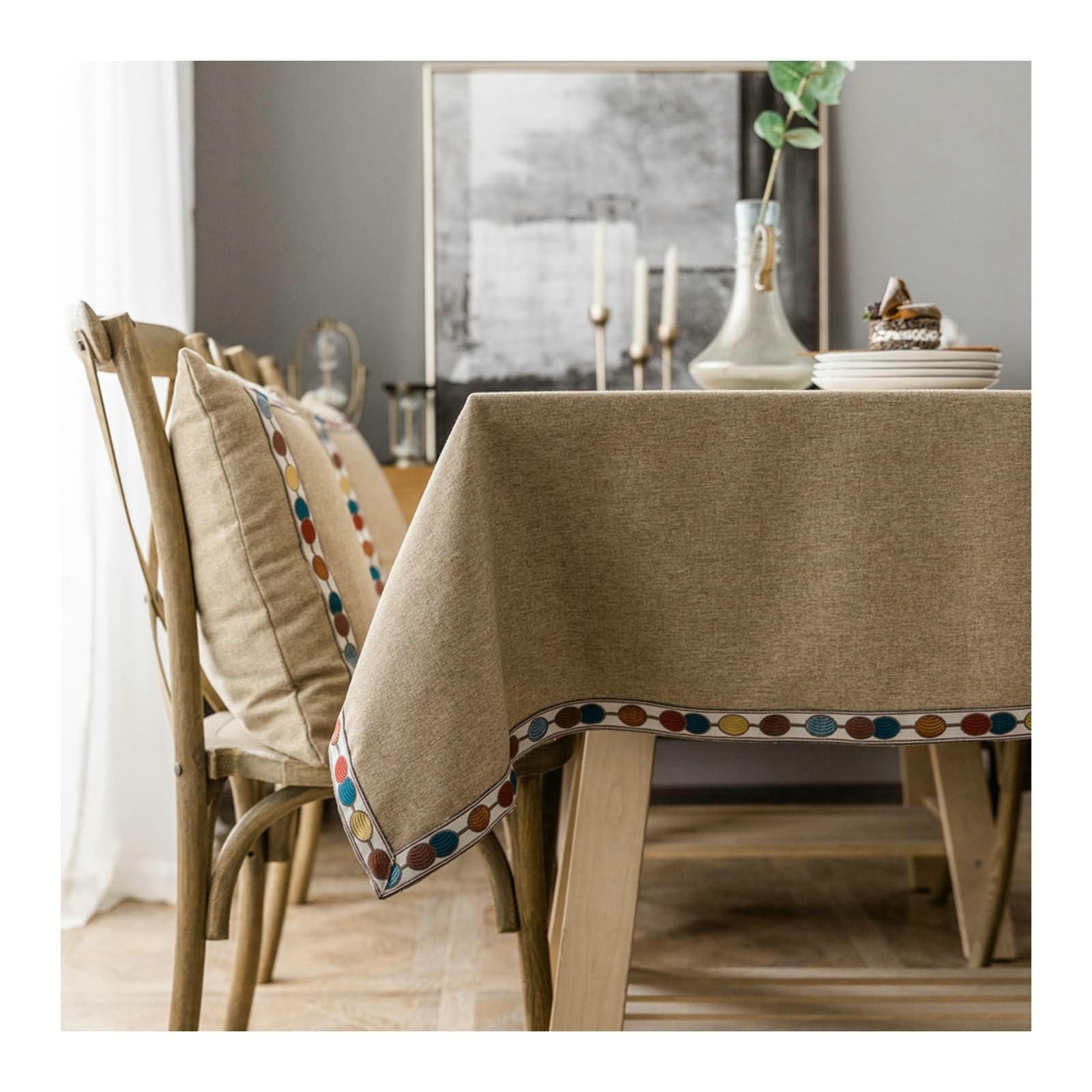 Gualiy Mantel Cuadrado Mesa, Poliéster Manteles Tela Mesa Comedor 130x260CM Mantel Antimanchas Bordado de Color Sólido Mantel para Mesa de Comedor, Caqui