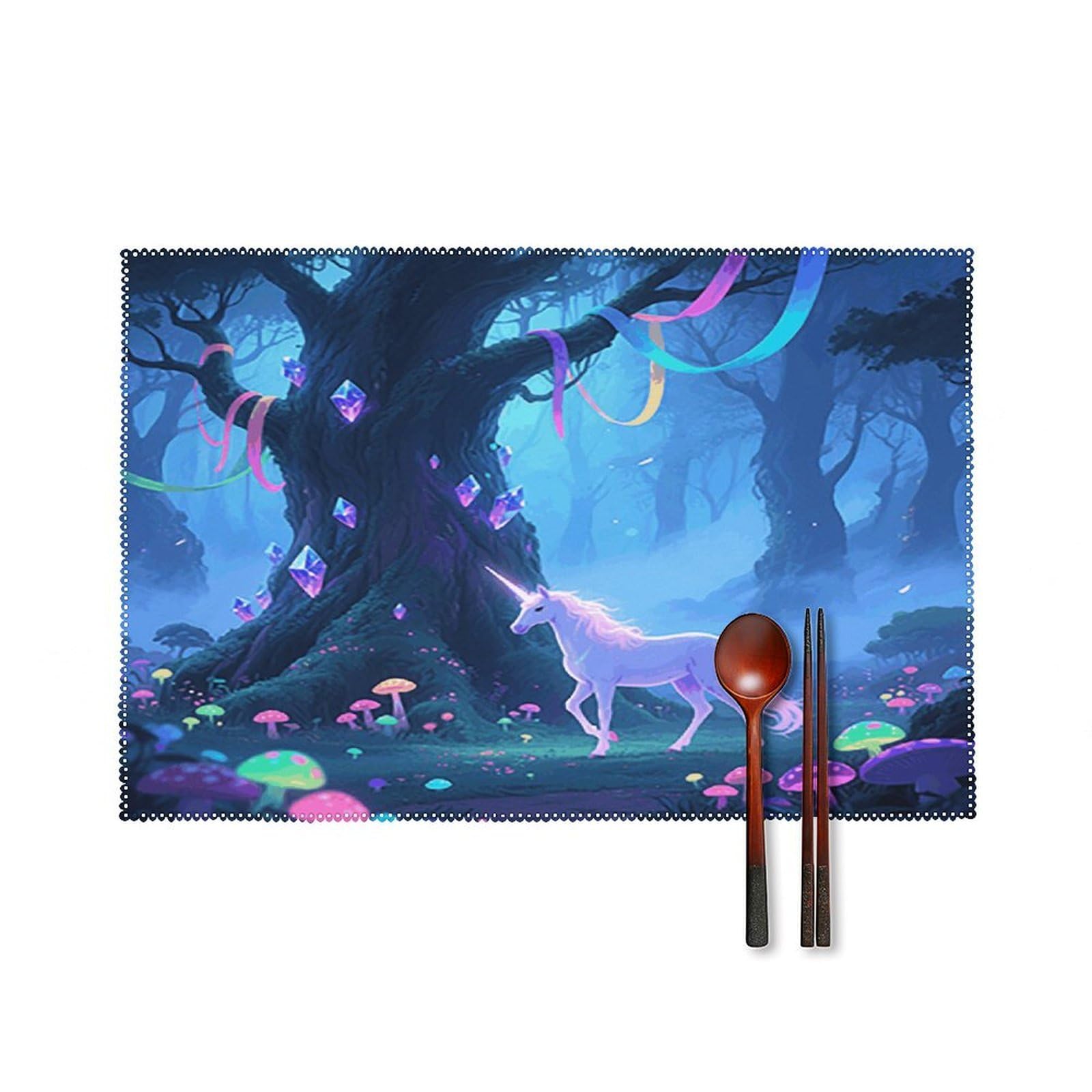 Fantasy Forest Placemats Set of 4 Heat Resistant Non-Slip Place Mats for Dining Table Washable Placemat Wipeable Dining Table Mat Canvas Place Mats Dining Table Decor