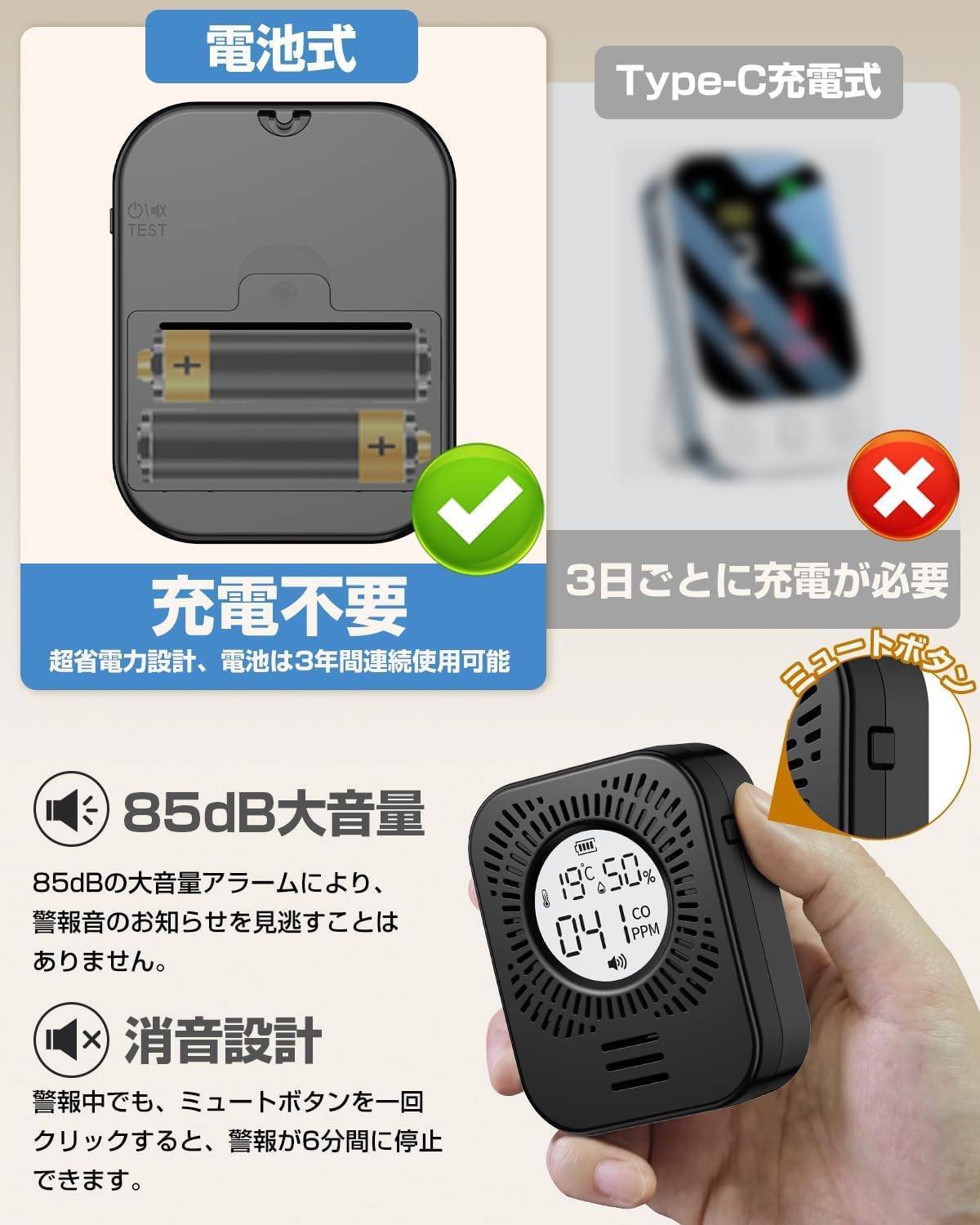 高精度一酸化炭素測定器 - 携帯用、USB充電、音 高精度一酸化炭素測定器 - 携帯用、USB充電、音