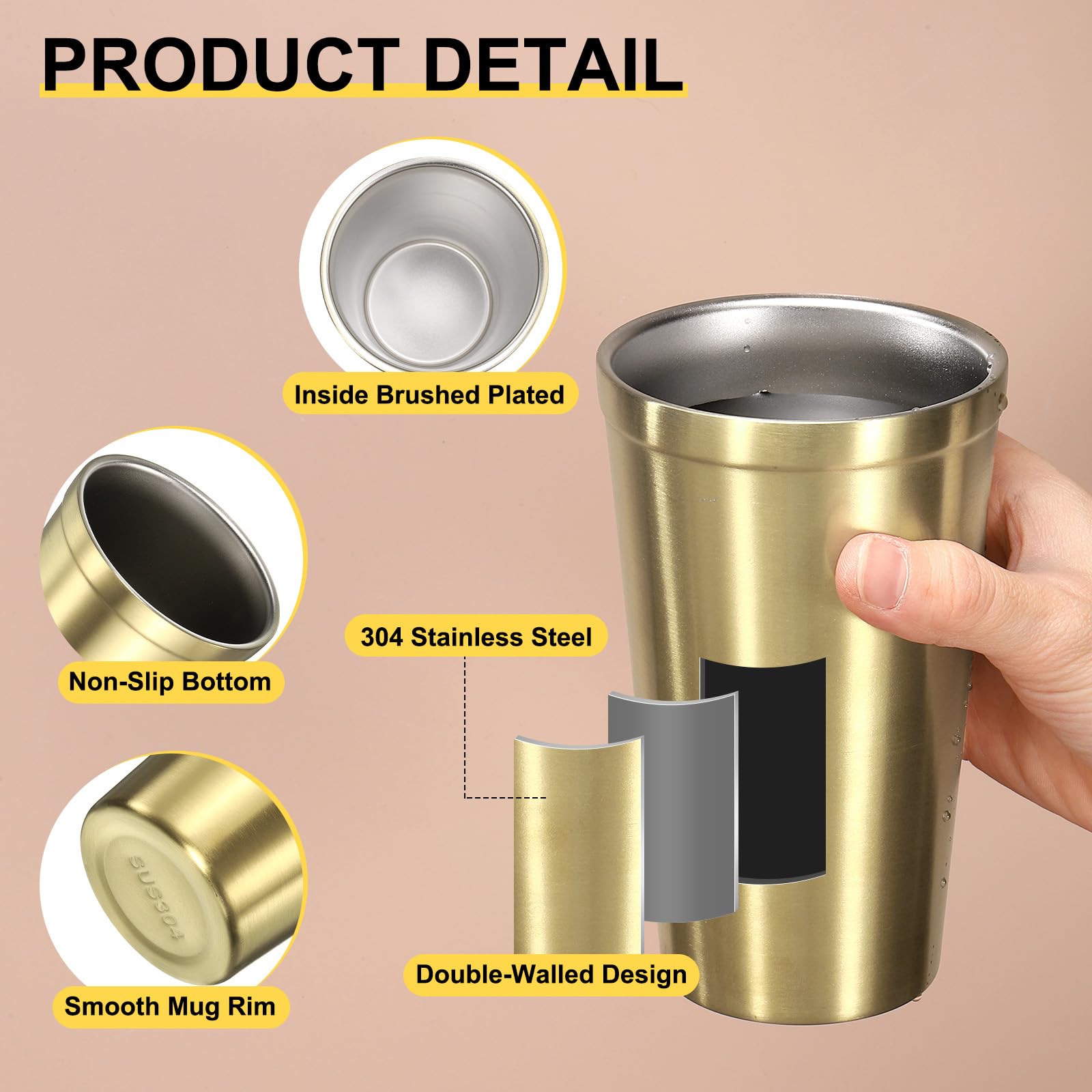 QUARKZMAN 4 Pezzi Tazza In Acciaio Inossidabile 15Oz Tazza Da Viaggio Doppia Parete Per Tè Caffè Bicchiere Termico Campeggio Riutilizzabile Per Latte Succo Bevande Fredde (Oro)