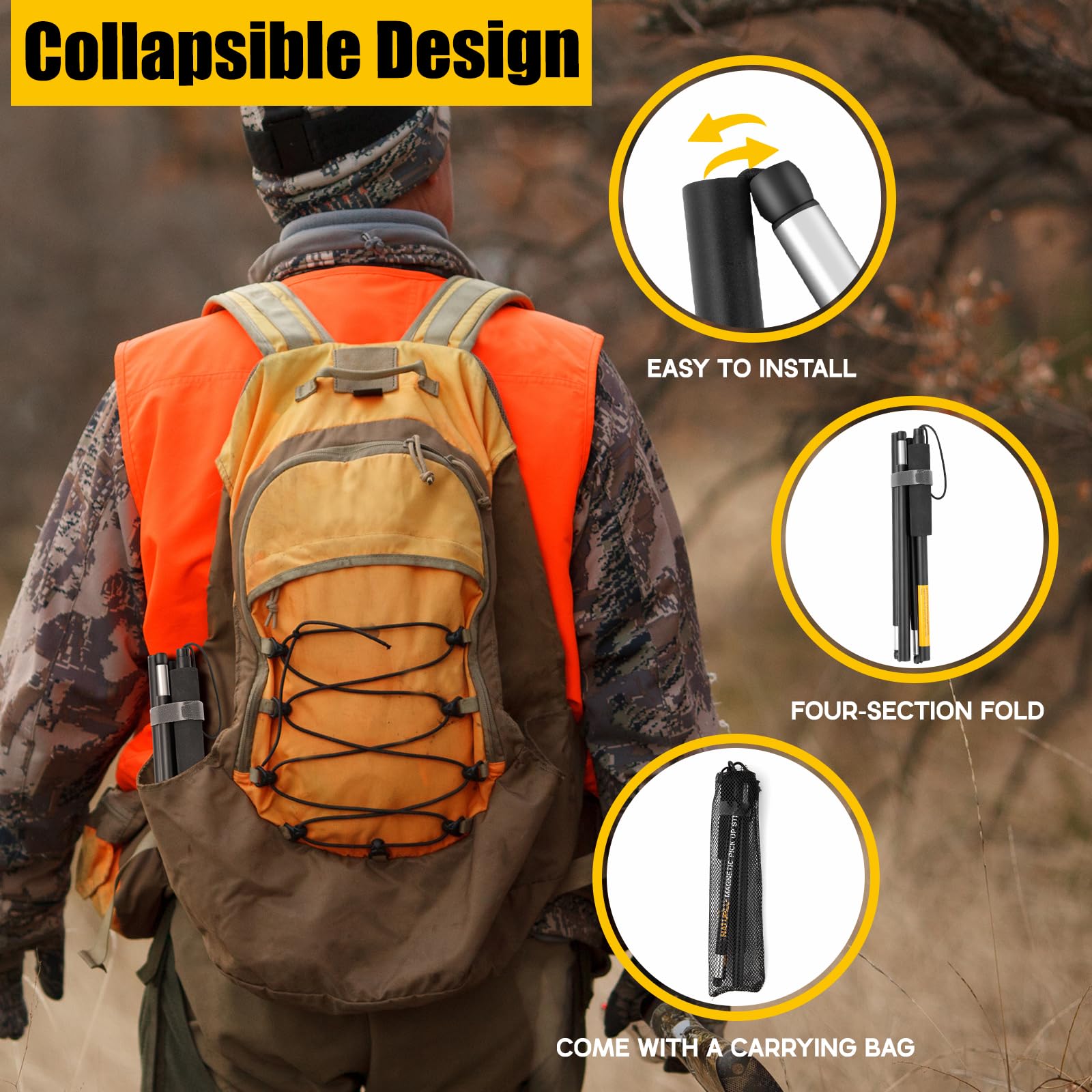 Montela Shotgun Shell Magnet Stick, Magnetic Shell Retriever Pickup Pole, Magnetic Pickup Tool with Mesh Carrying Bag Collapsable Shotgun Shell Pickup Stick