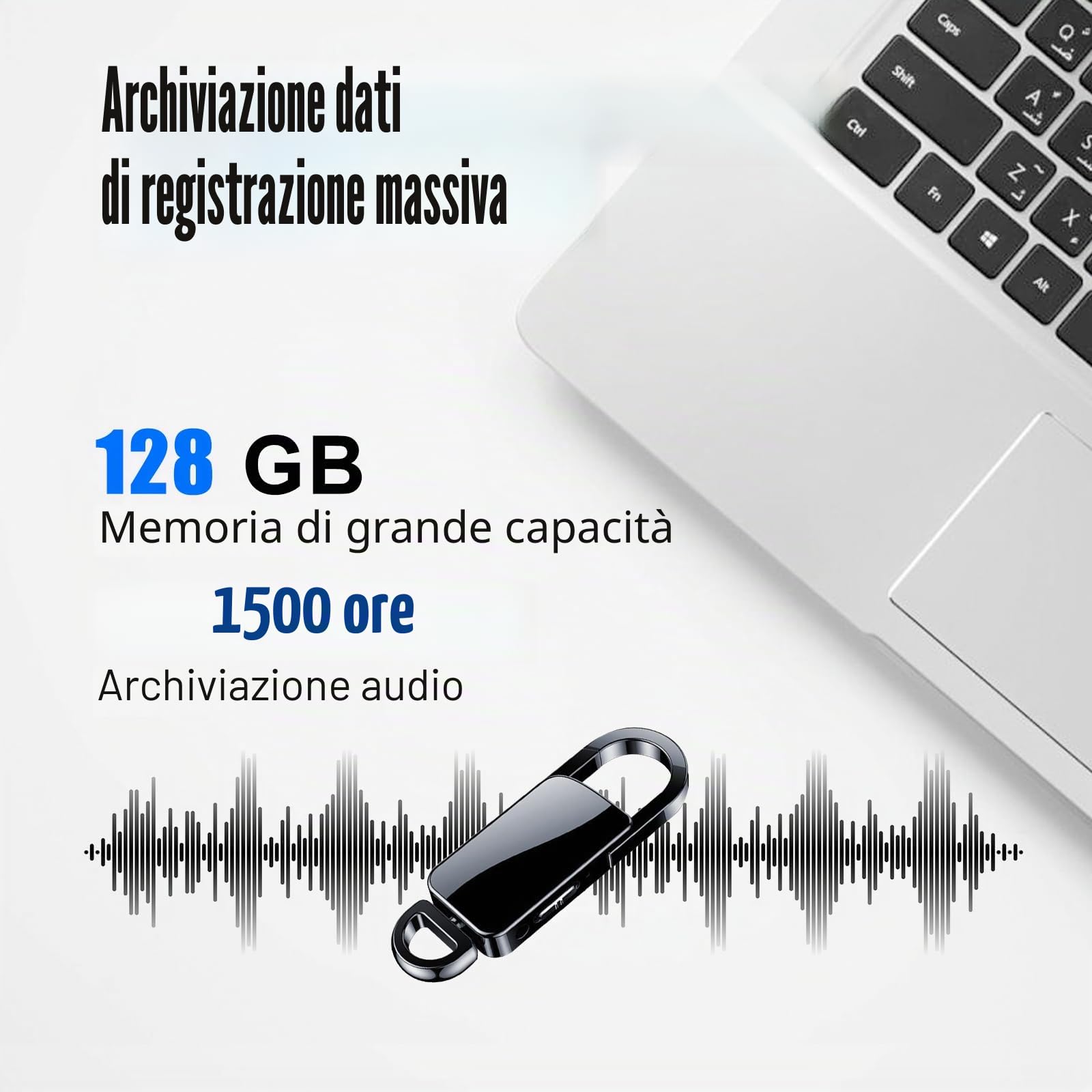 Portachiavi con Registratore Vocale da 128 GB con Riproduzione, Registratore Vocale Attivato con Tripla Riduzione del Rumore, Memoria Audio 1500H e Durata Della Batteria di 8 ore per Riunioni