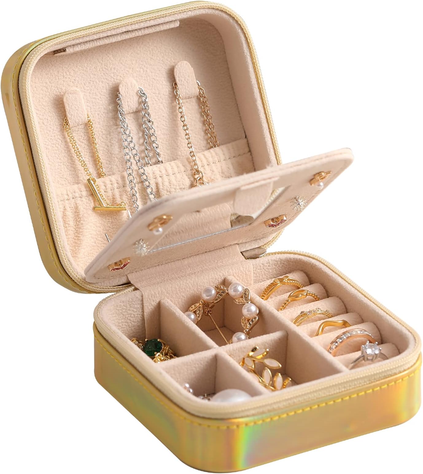sazujinwuTravel Jewelry Box Organizer | Earring Holder, Necklace Compartment and Ring Slot | Scratch-Resistant Jewelry Travel Case for Women with Mirror Glamour Gold