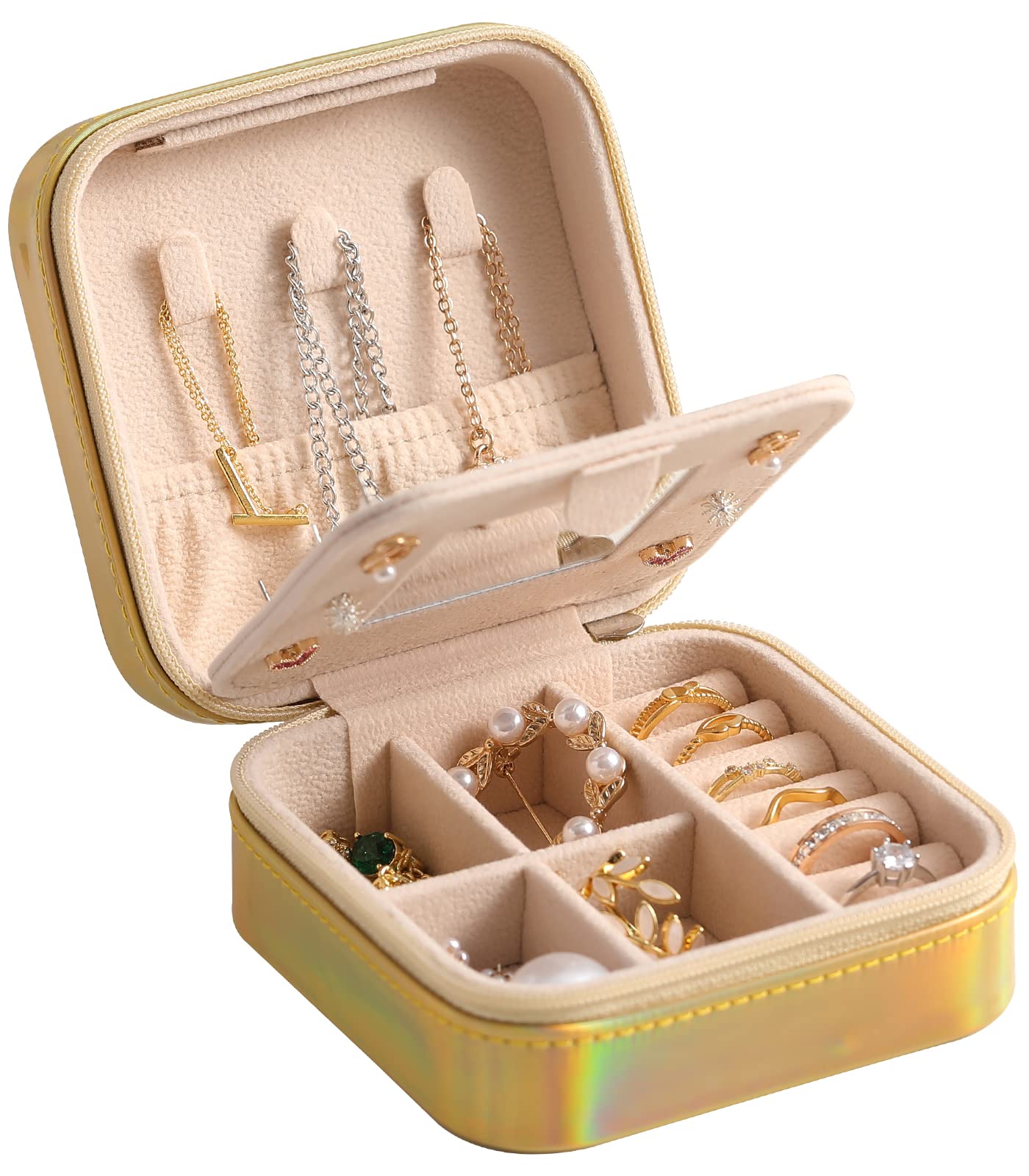 sazujinwuTravel Jewelry Box Organizer | Earring Holder, Necklace Compartment and Ring Slot | Scratch-Resistant Jewelry Travel Case for Women with Mirror Glamour Gold