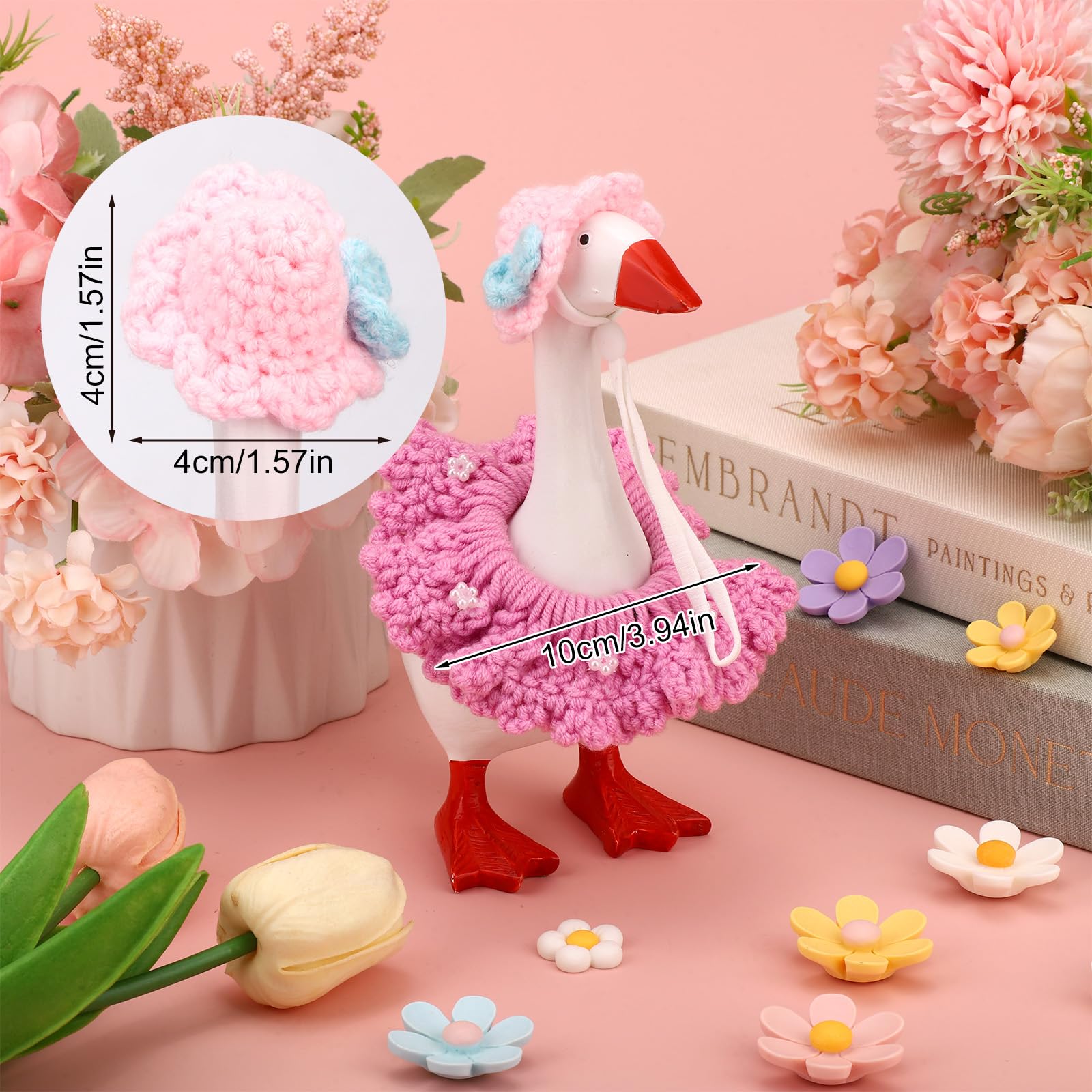 Flower Outfit for 7 Inches Desk Goose , Polyester Cute Desktop Goose Clothes Including Pretty Pinky Hat & Floral Purple Skirt for 7in Mini 7 Inch Geese Magnetic Statue Accessories Decorations Decor - 3