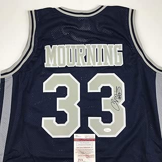 Autographed/Signed Alonzo Mourning Georgetown Blue College Basketball Jersey JSA COA