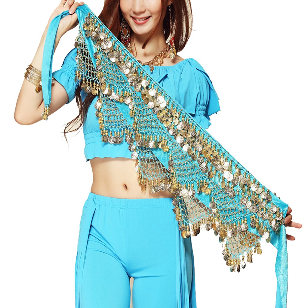 Wuchieal Women's Sky Blue Sweet Bellydance Hip Scarf With Gold Coins Skirts Wrap Noisy, One Size
