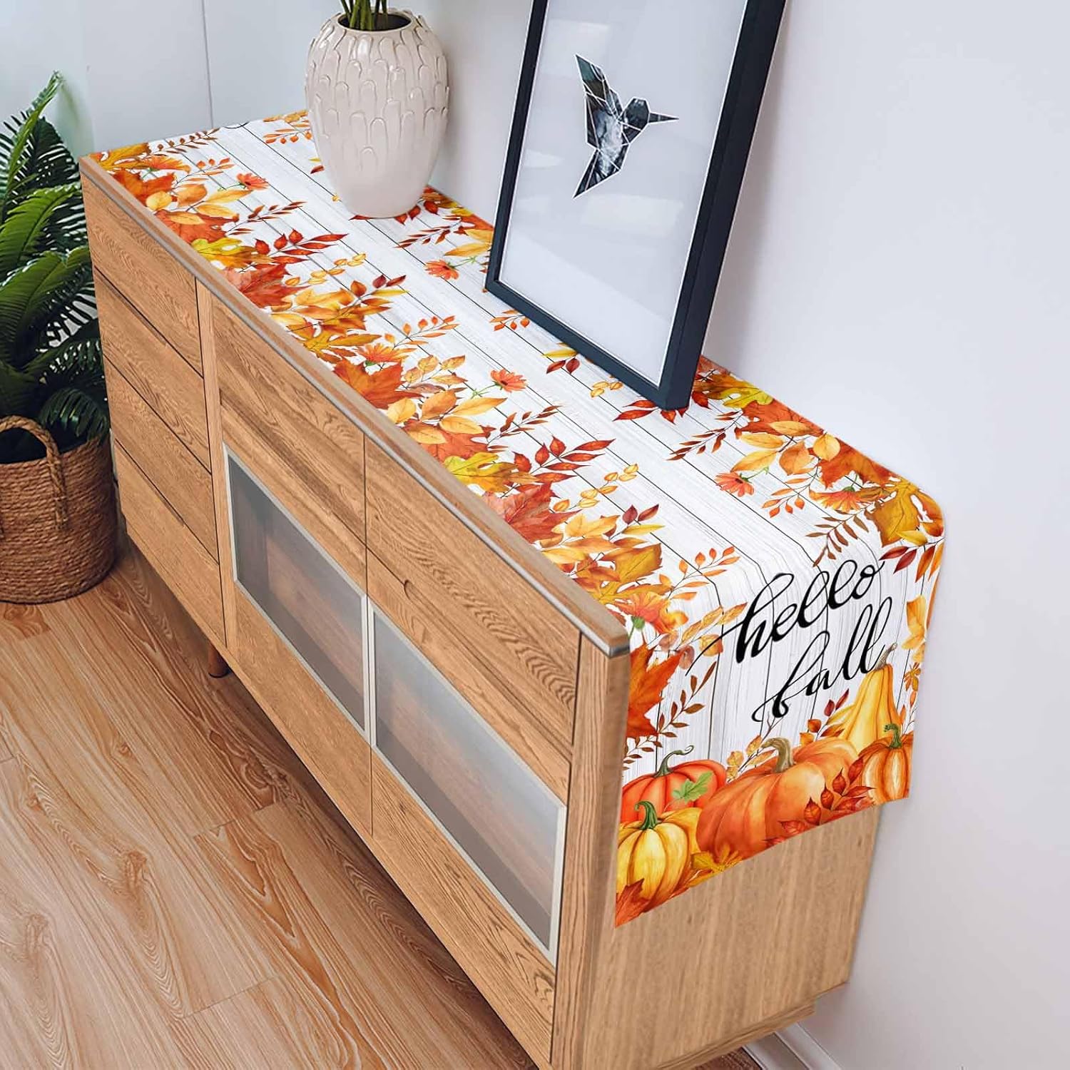 Hello Fall Pumpkin Table Runner Dresser Scarves, Thanksgiving Wood Texture 120 inches Long Dining Table Runner, Autumn Non-Slip Washable Table Setting Decor for Wedding Party Holiday Dinner