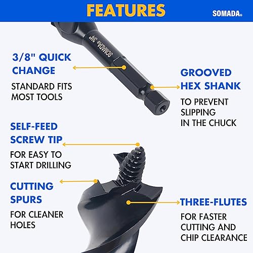 Vista 65 de SOMADA Broca de taladro de 3/4 pulgadas x 17 pulgadas para madera, vástago hexagonal de 3/8 pulgadas, una pieza, broca larga para madera blanda