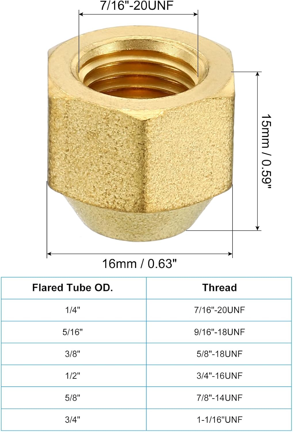 PATIKIL 1/4" Brass Flare Cap, 7/16-20UNF Female Thread 10Pcs SAE Flare Fitting 45 Degree Hex Pipe Fittings for Air Conditioner Refrigeration