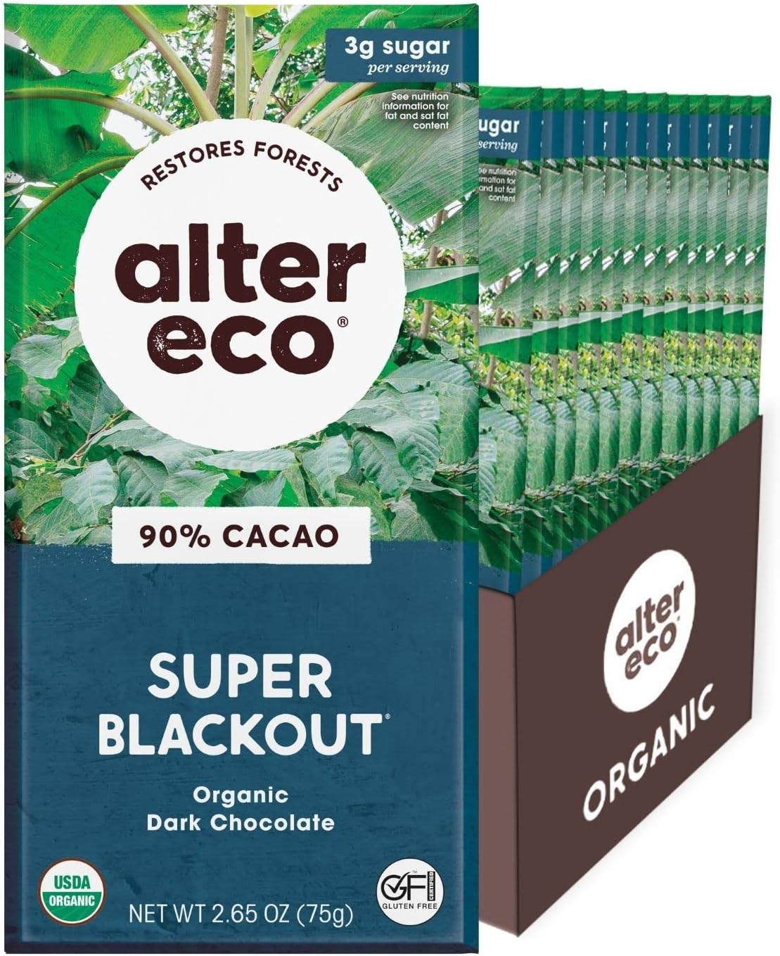 Alter Eco | Chocolate Bars | Pure Dark Cocoa, Fair Trade, Organic, Non-GMO, Gluten Free (12-Pack Super Blackout)