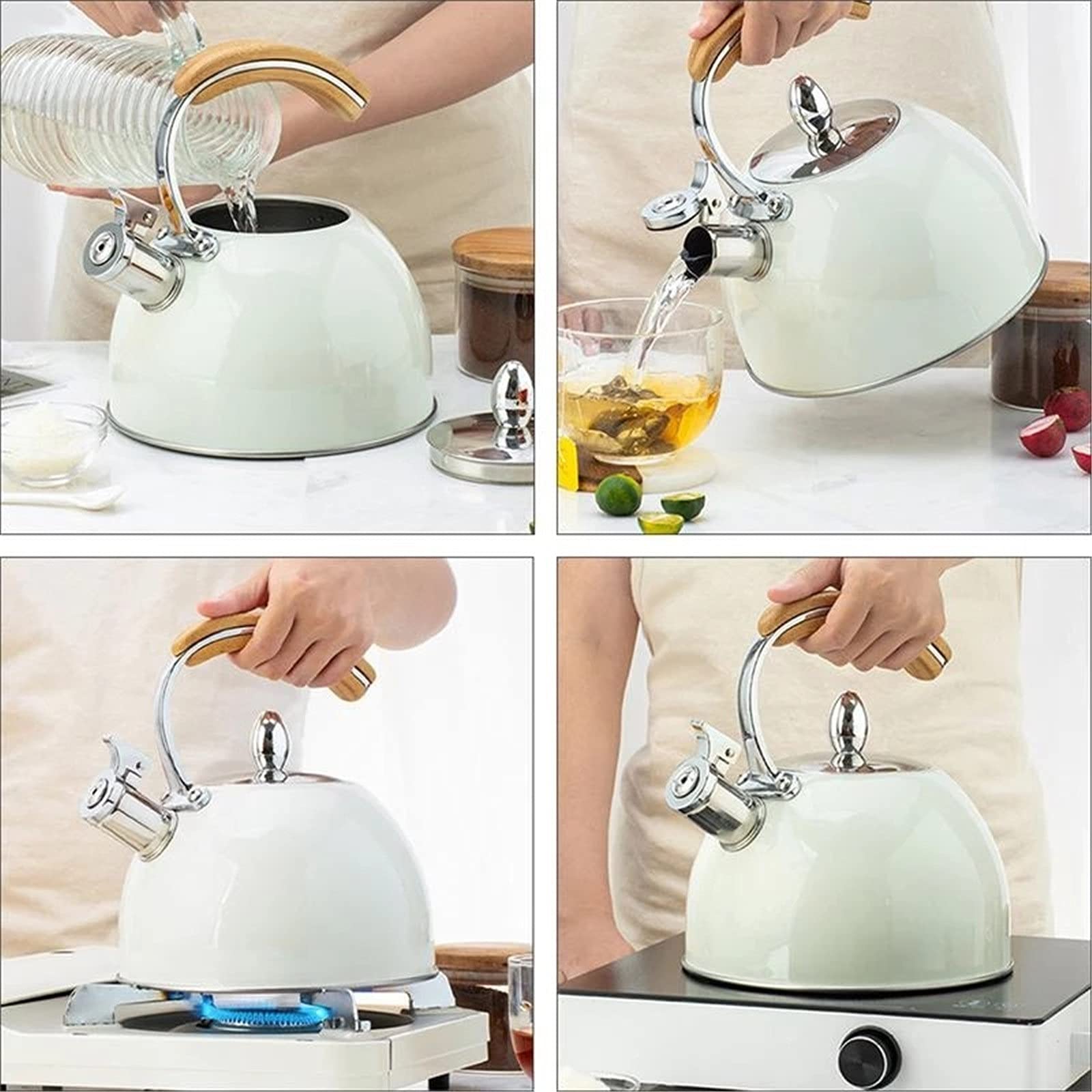 Bouilloire à Induction 3L Acier Inoxydable - Sifflet - Poignée Bois - Pour Camping Et Cuisine Extérieur