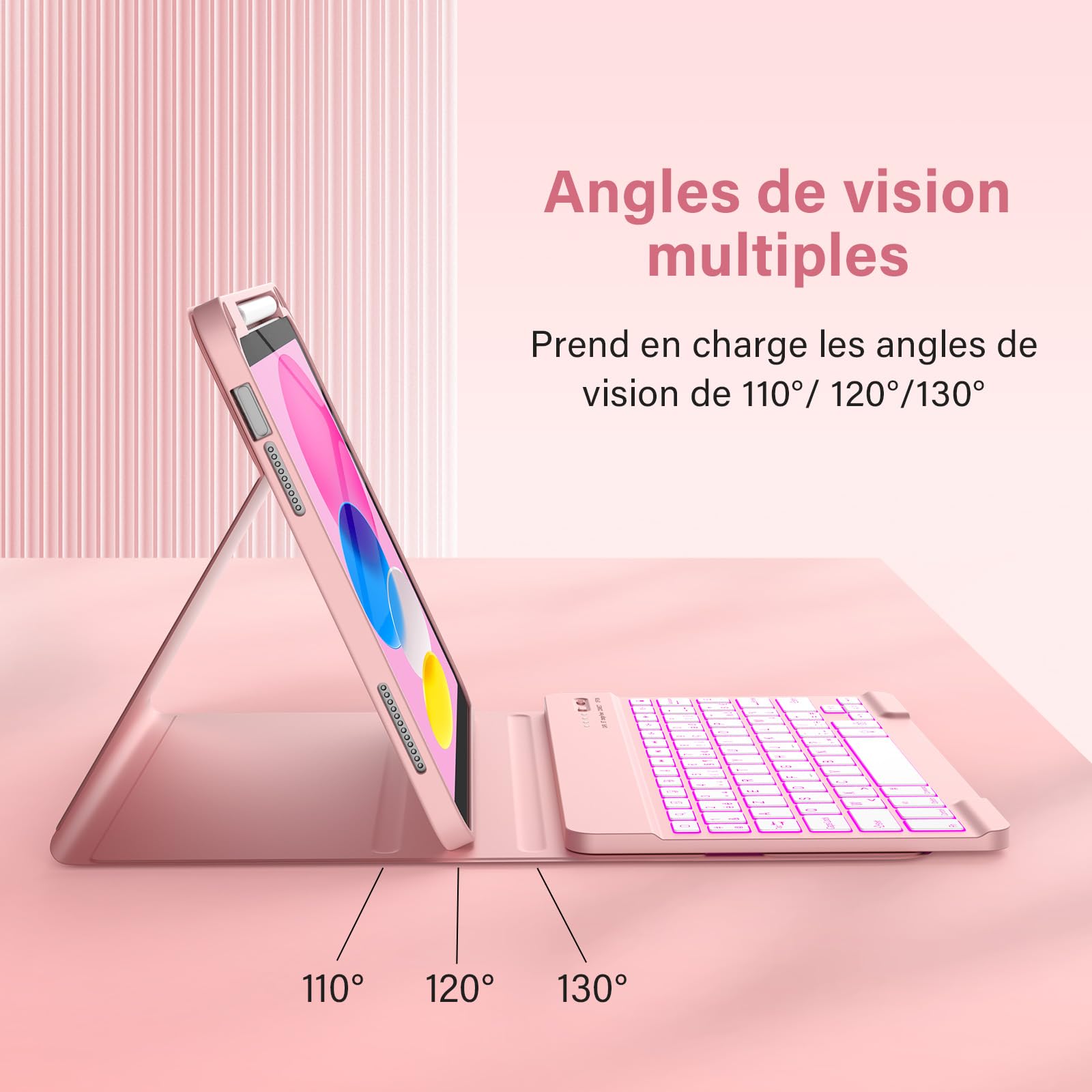 KBCASE Coque Clavier pour iPad A16 11/10 Ème Generation (11 Pouces 2025/10.9 Pouces 2022) Étui Keyboard Bluetooth pour iPad 10eme/11eme avec 7 Couleurs Rétroéclairées,Porte Crayon,AZERTY Français,Rose