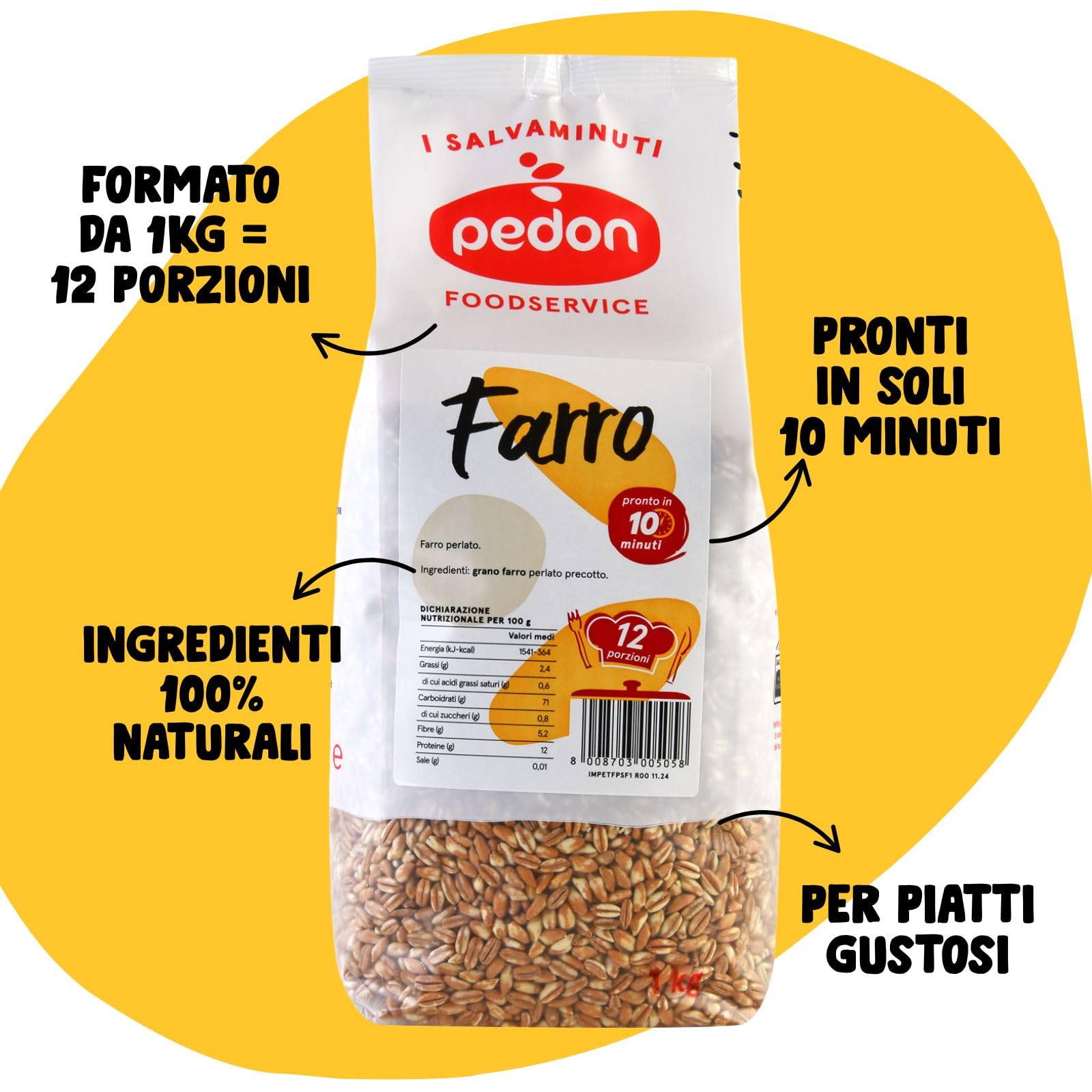 Pedon | I Salvaminuti Farro Perlato Precotto 1 kg x 6, Cereali a Rapida Cottura Naturali, Pronti in 10 Minuti
