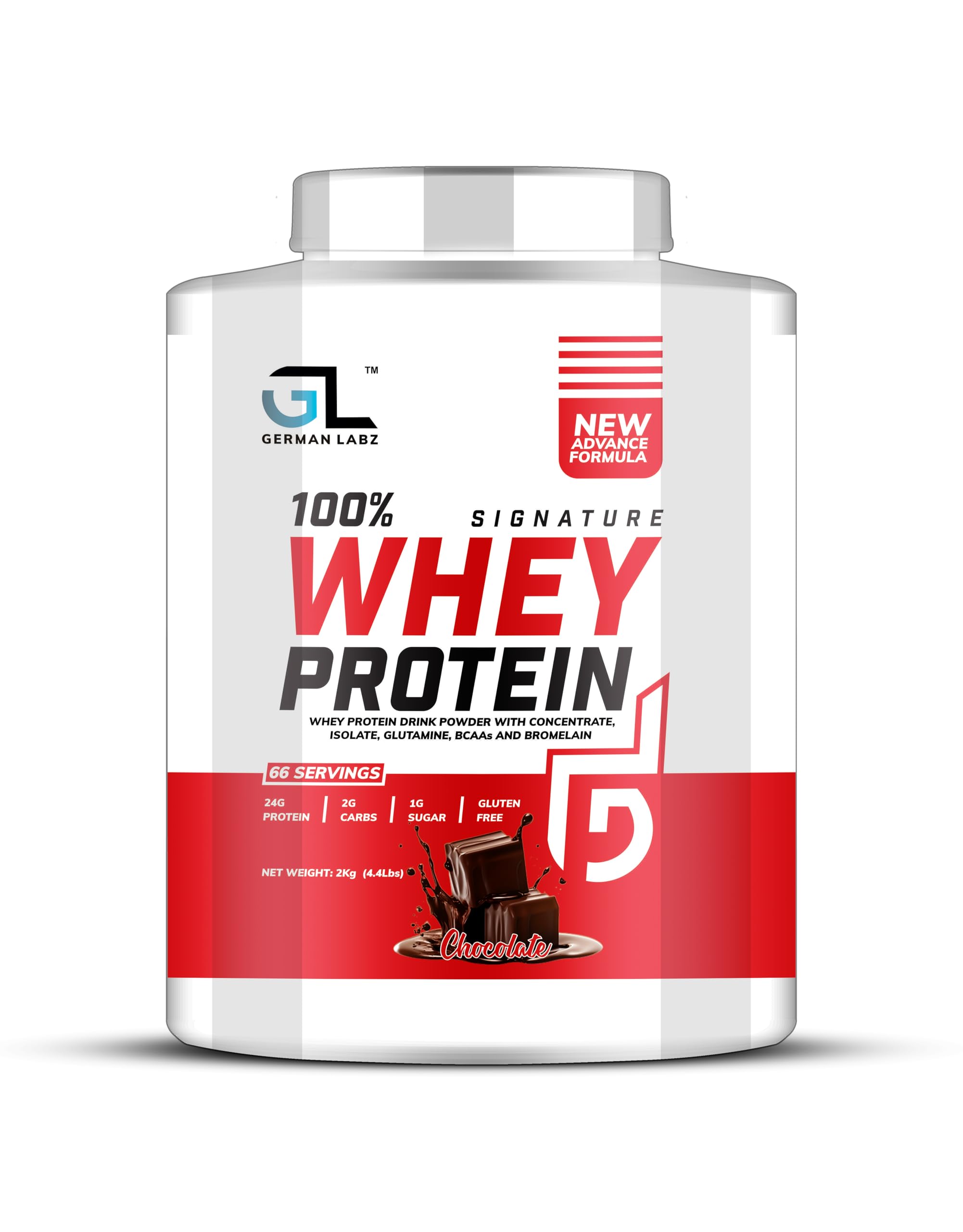 German Labz Whey Blend- Chocolate, 24g Fast-Acting Whey Protein Concentrates, Isolates, Glutamine & Hydrolysates Per Serving, with Naturally Occurring EAAs & BCAAs | Post-Workout Protein | Builds Lean Muscle & Aids Recovery, 2 Kg | 66 Servings