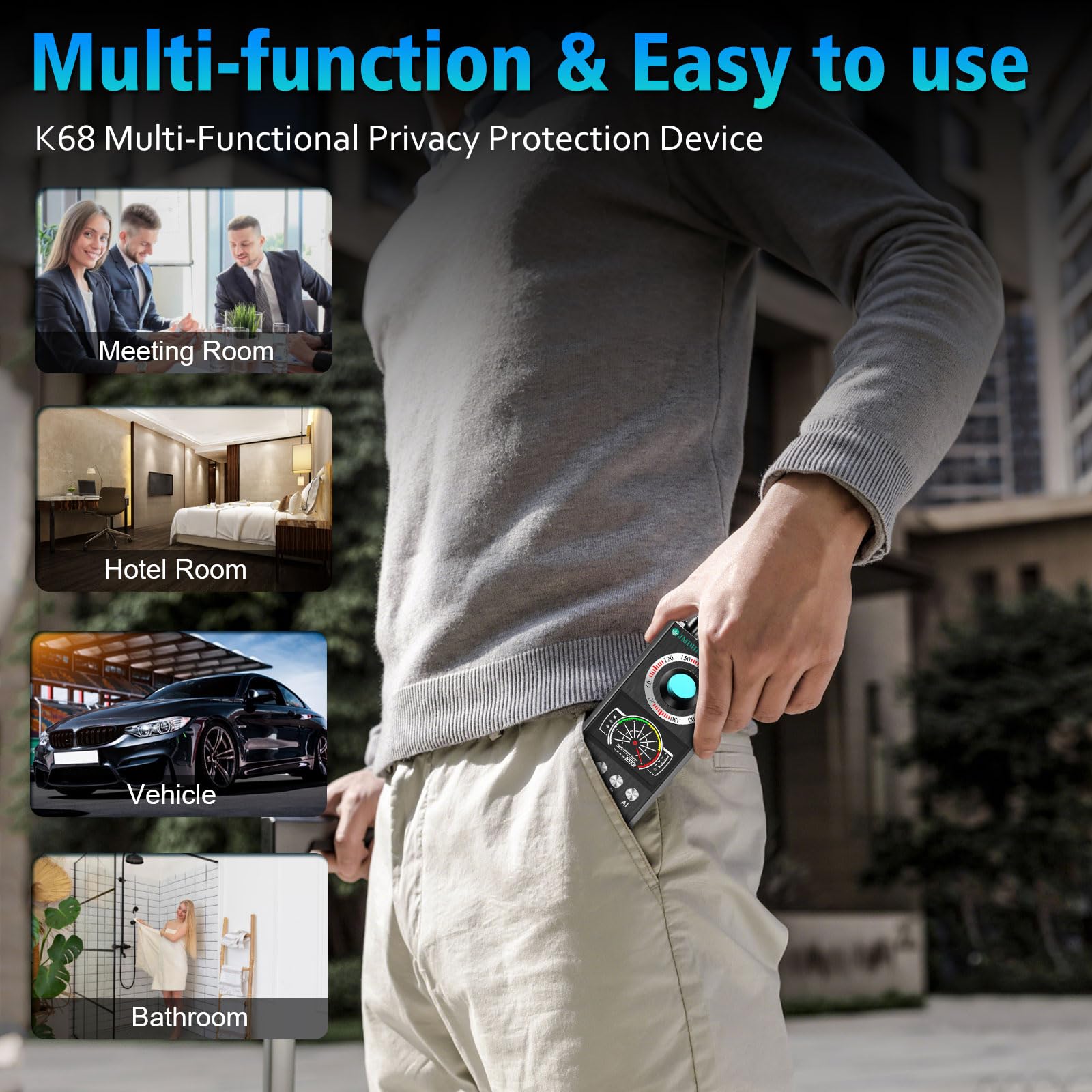JMDHKK Smart Alarm, Multifunktions-Sicherheitsgerät mit Lichtsensor, Vibration und Warnlicht für Camping, Hotelsicherheit und Schutz der Privatsphäre (Grau)