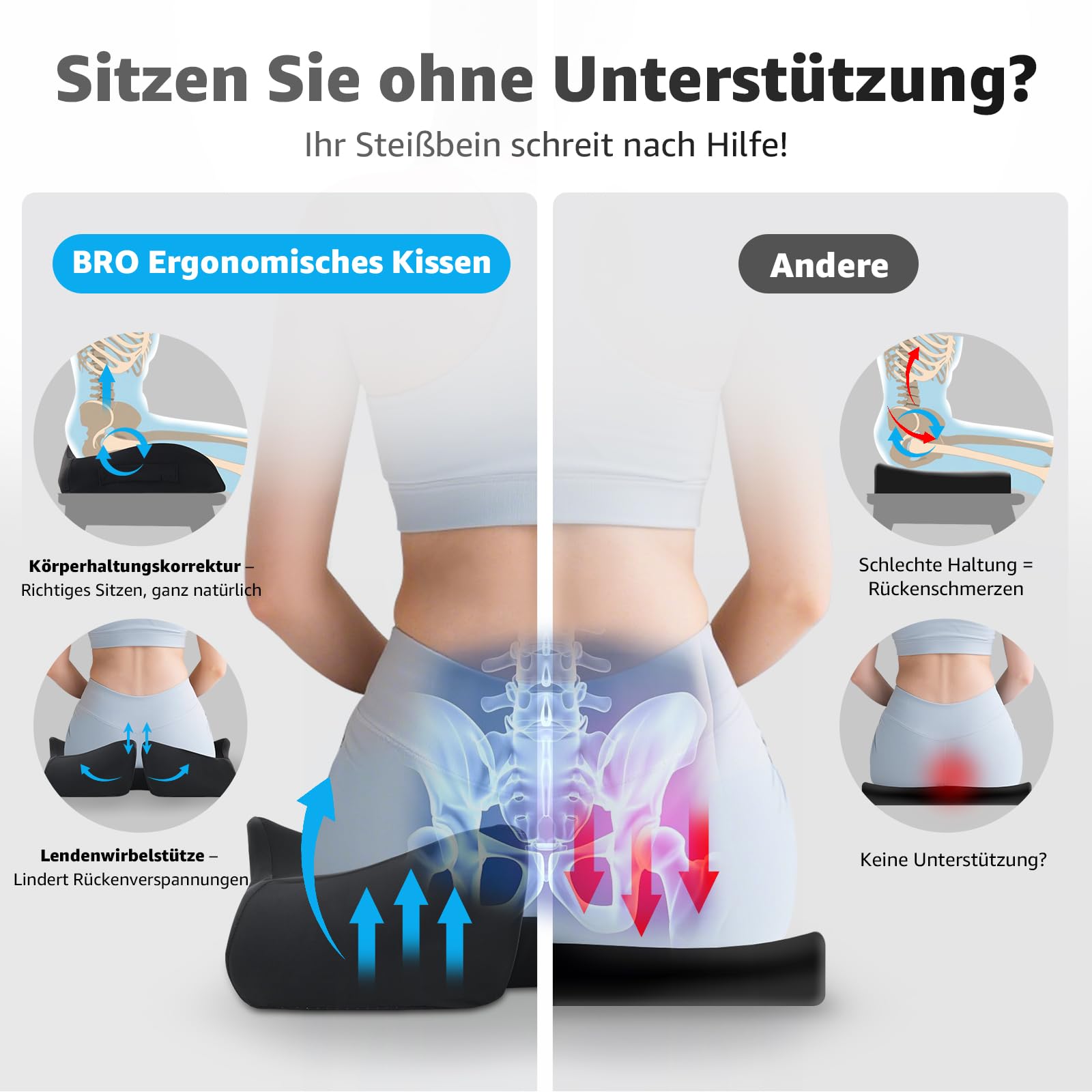 BRO Cuscino ortopedico, per alleviare le gambe del piede, ergonomico, con memory foam, rivestimento in seta, extra grande, per auto, divano, ufficio e sedia a rotelle