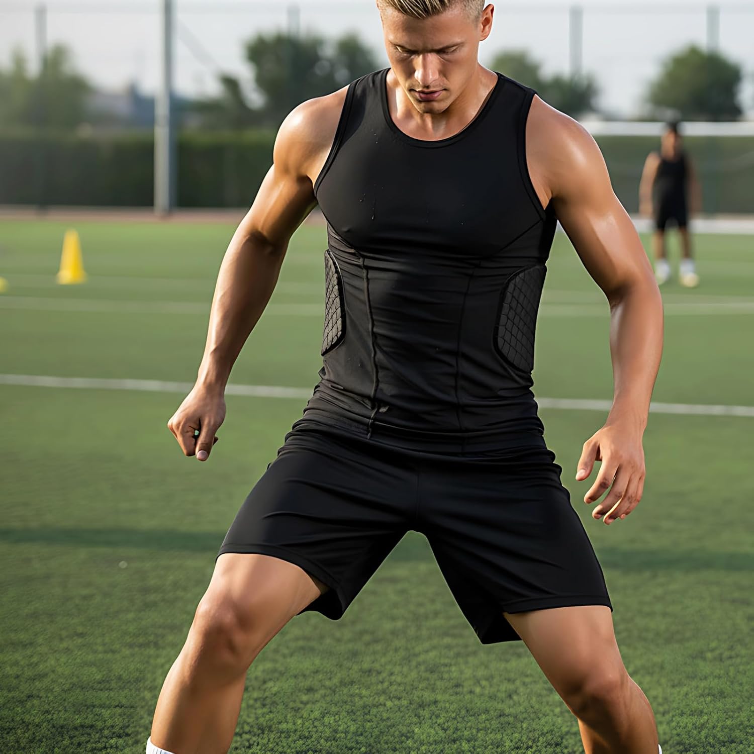 XXL Size Men's Padded Football Vest, Quick Dry Compression Shirt for Sports Impact Protection, Rib Padded