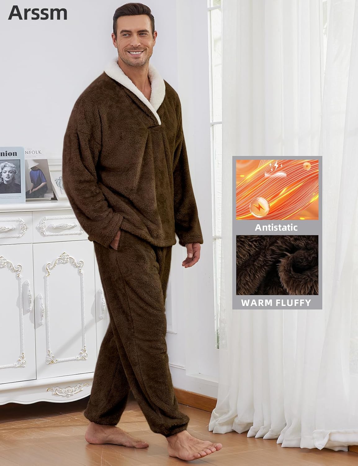 Arssm Mens Fluffy Pajamas Set 2 Piece Fleece Pjs Loose Plush Winter Warm Cozy Loungewear Sleepwear - Image 6