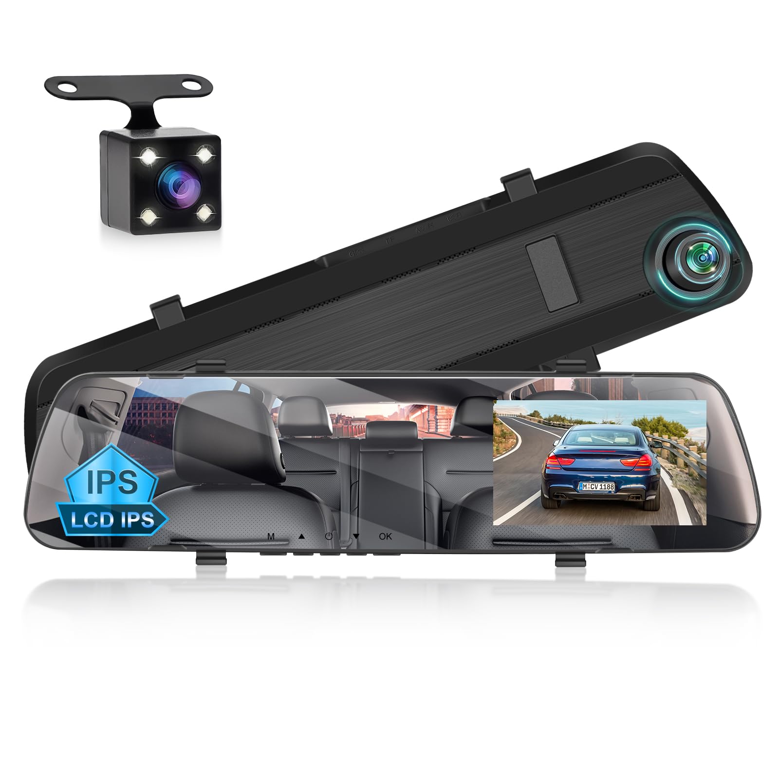NHOPEEW Rear View Mirror Camera, 4 inch IPS LCD Screen Mirror Dash Cam 1080P Front and Rear Dual Camera with 64G TF Card, Loop Recording, Motion