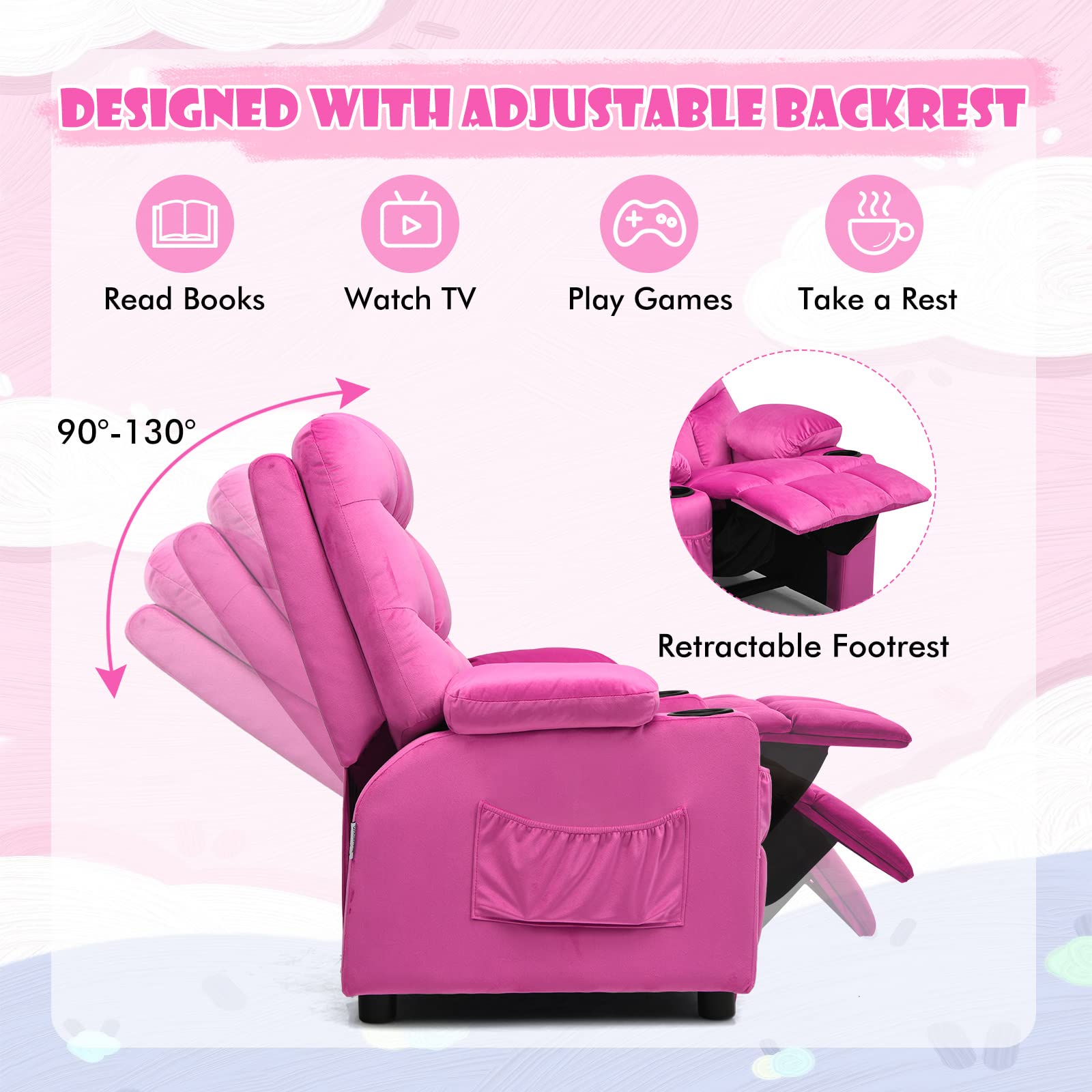 COSTWAY Larger Kids Recliner Chair, Adjustable Lounge Recliner w/ 2 Cup Holders, 1 Side Pocket, 2 Front Pockets, Footrest, Velvet Fabric Recliner for Boys & Girls, Ideal for Bedroom (Pink)
