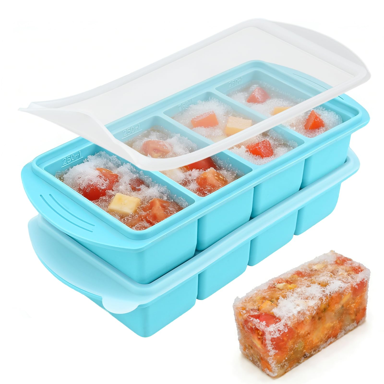 QEEYON Large Soup Freezer Containers, 2 Packs Ice Cube Tray Silicone Freezer Mould with Lid, 4-Compartment Meal Prep Soup Storage Containers for Storing Broth, Sauce