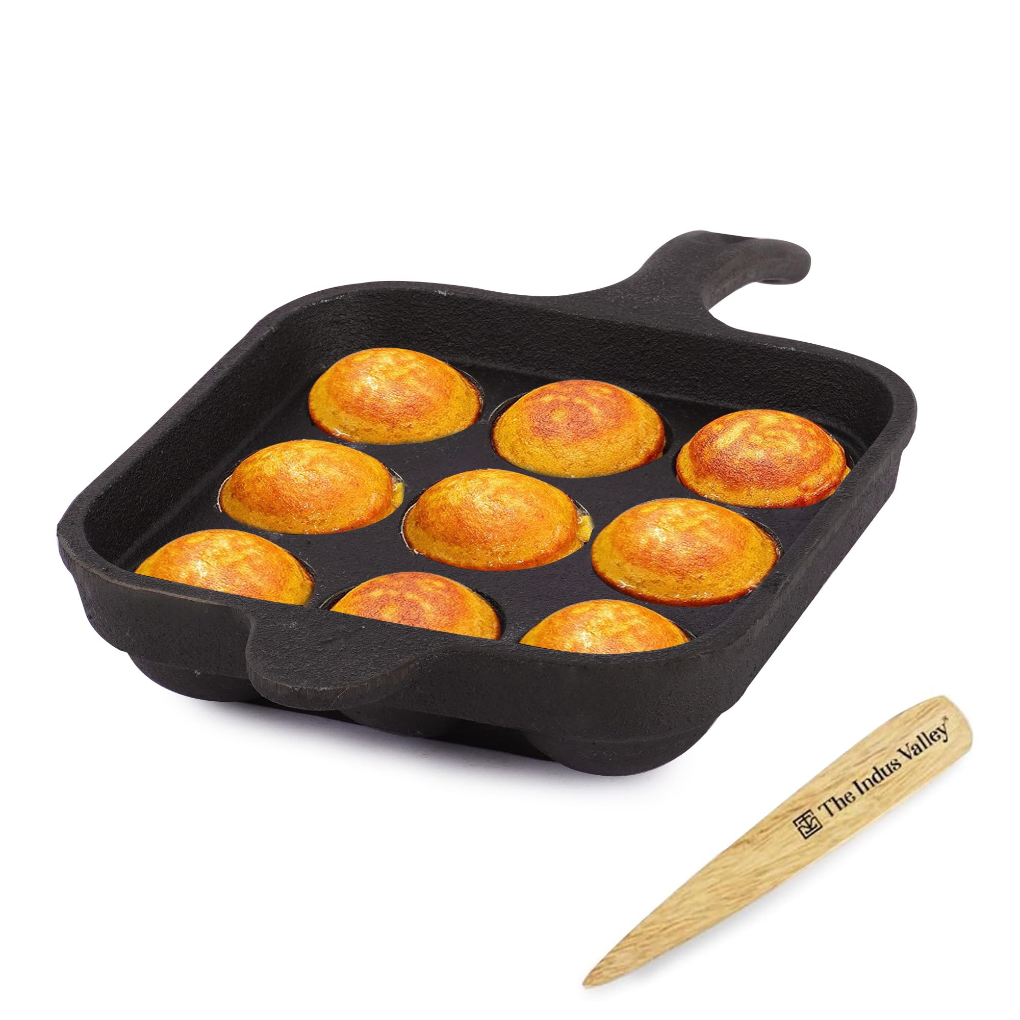 The Indus Valley Pre-Seasoned Cast Iron Paniyaram Pan with Free Wooden Picker|9Pit,18Cm/7.1 Inch,2.4Kg|Induction Friendly|Pre-Seasoned Paddu Pan,100% Pure&Toxin-Free,No Chemical Coating,Black