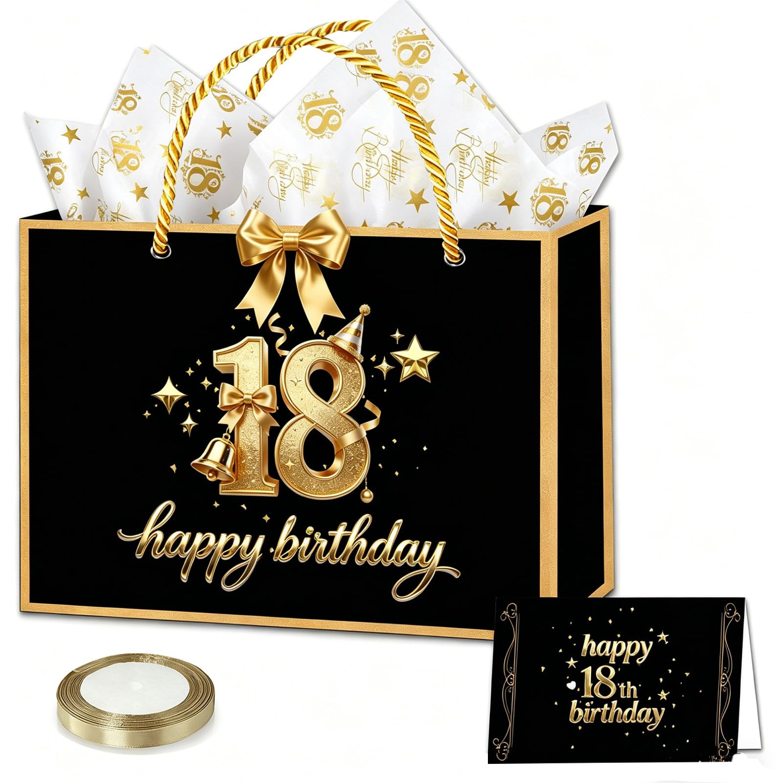 18th Birthday Gift Bag, 28*20*10cm Luxury Black Birthday Party Gifts Bag with Handles,3 Tissue Paper,1Greeting Card,1.5cm*22m Champagne Ribbon,Medium Paper Bags for Girls Boys 18th Birthday Supplies