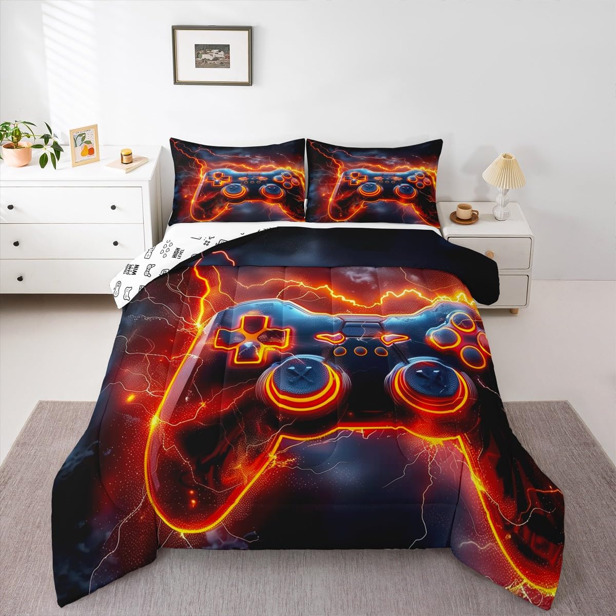 meiyoeat Gamer Gaming Comforter Set Toddler Size Boys Red Black Lightning Bedding Set Kids Girls Teens Game Controller Duvet Insert Breathable Game Controller Quilt Bedroom Decor