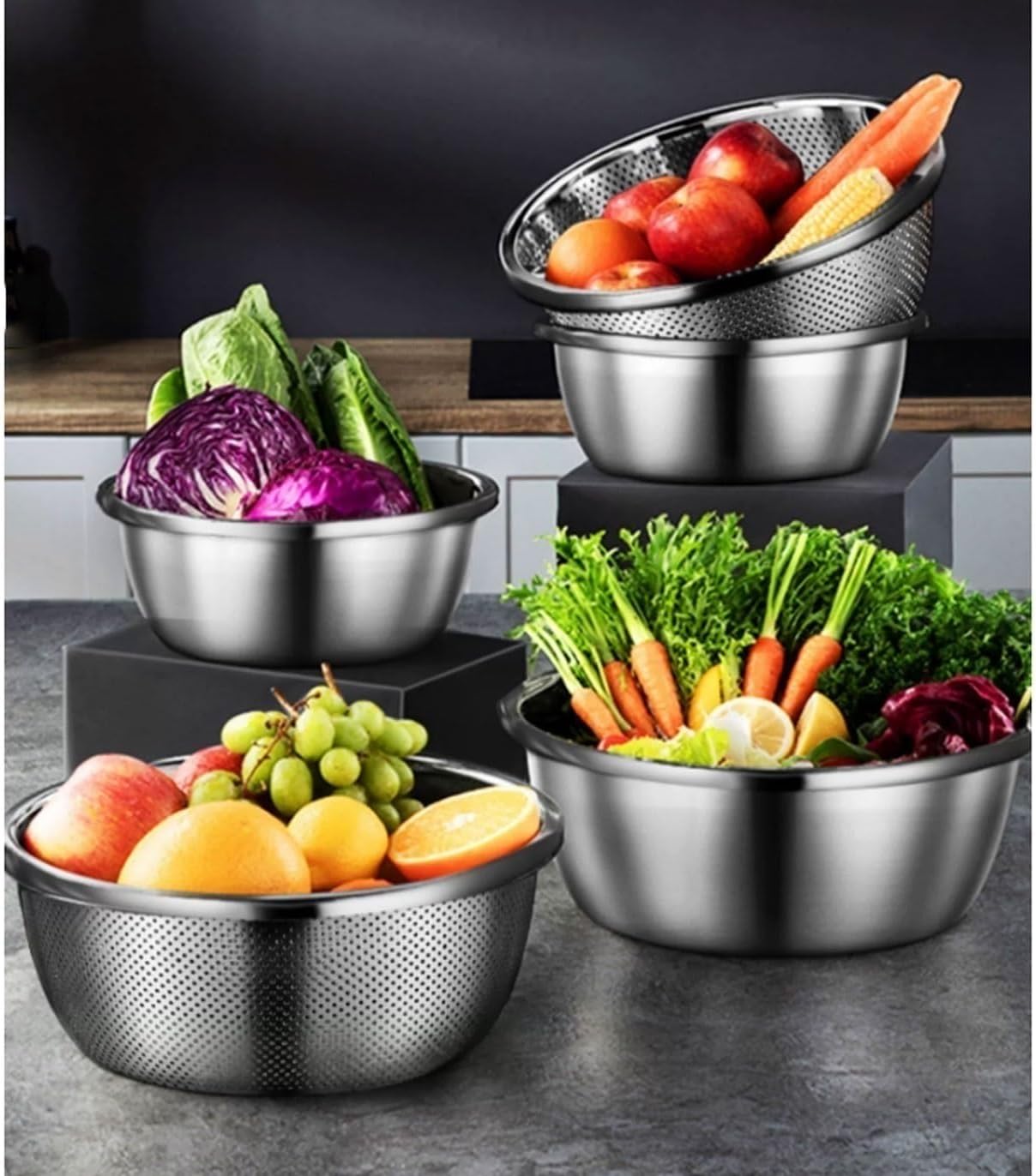 Cooking Baking Serving Trays Mixing Bowls Pots Pans Soup Bowls Stainless Steel Nesting Storage Bowls 5 Piece Set，