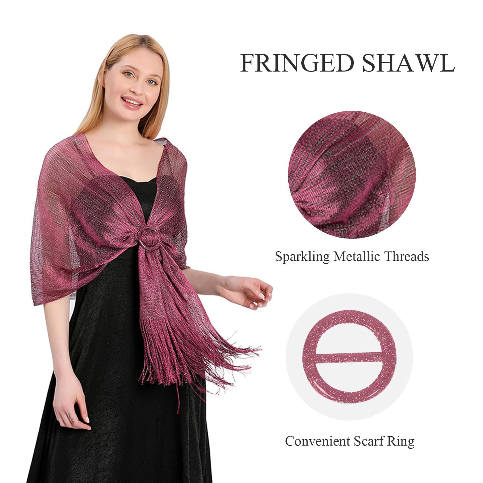 LumiSyne Donna Scialle Stola Metallici Scintillanti Con Fibbia Ad Anello Tinta Unita Glitter Nappe a Frange Foulard Lunga Leggero Stola Elegante Per Abito Da Sera Sposa Matrimonio Cerimonia Festa