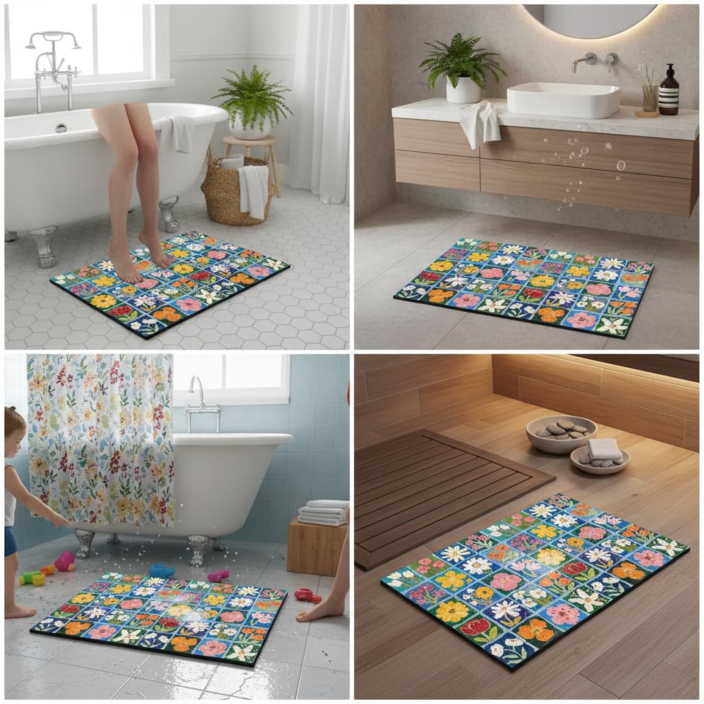 Tappetino da Bagno in atomacea, Fiori B, 80x120cm | Superficie assorbente, Tappetino Bagno Composito, Davanti al lavabo, Per cerca praticità