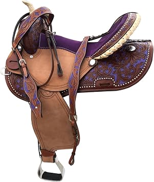 Kids Youth Adult Western Horse Barrel Saddle Leather Tack Set Matching Headstall Breast Collar Reins Purple 12" 13" 14" 15" 16" 17" 18"