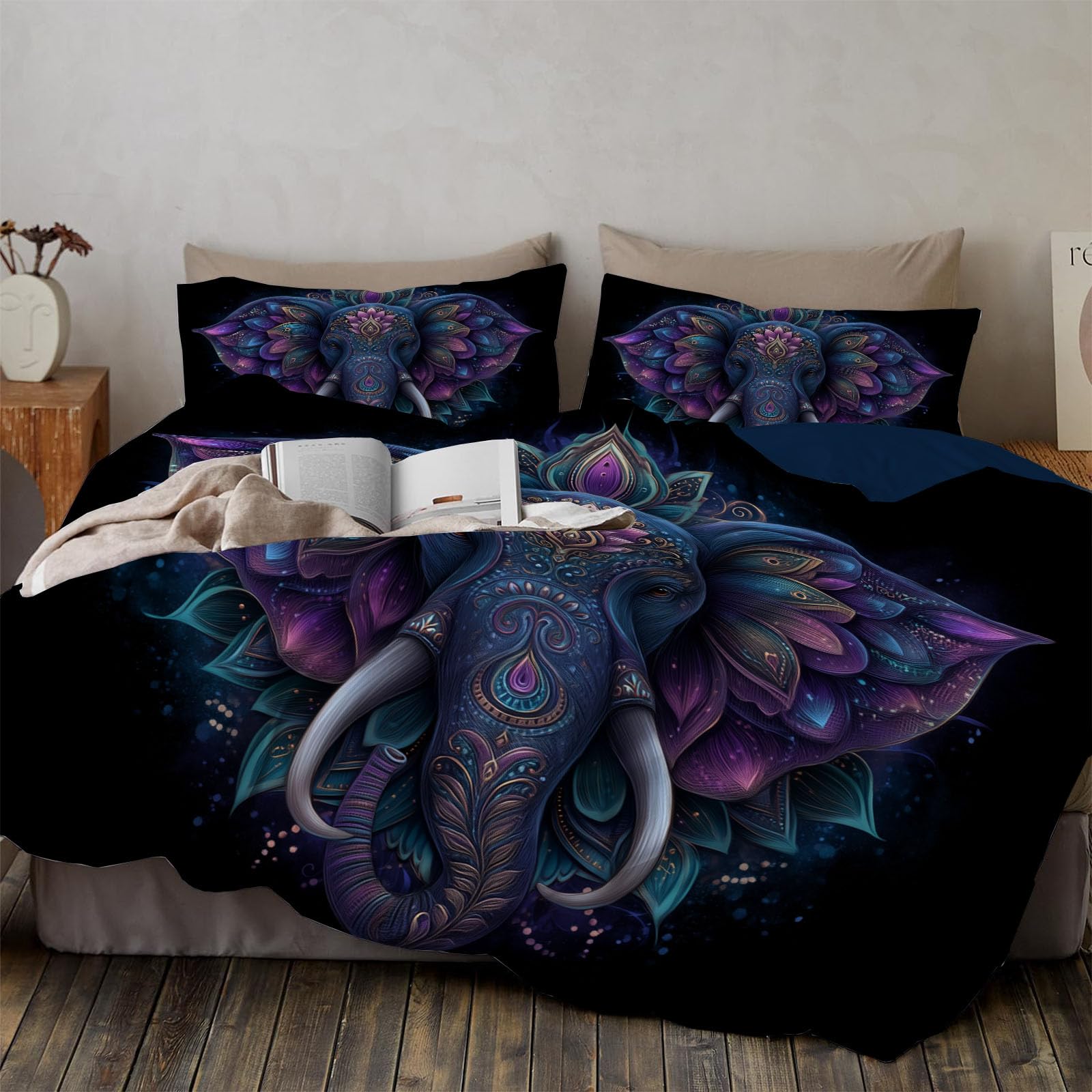 Housse de couette mandala éléphant bleu-violet pour transformer la chambre d'enfant en oasis