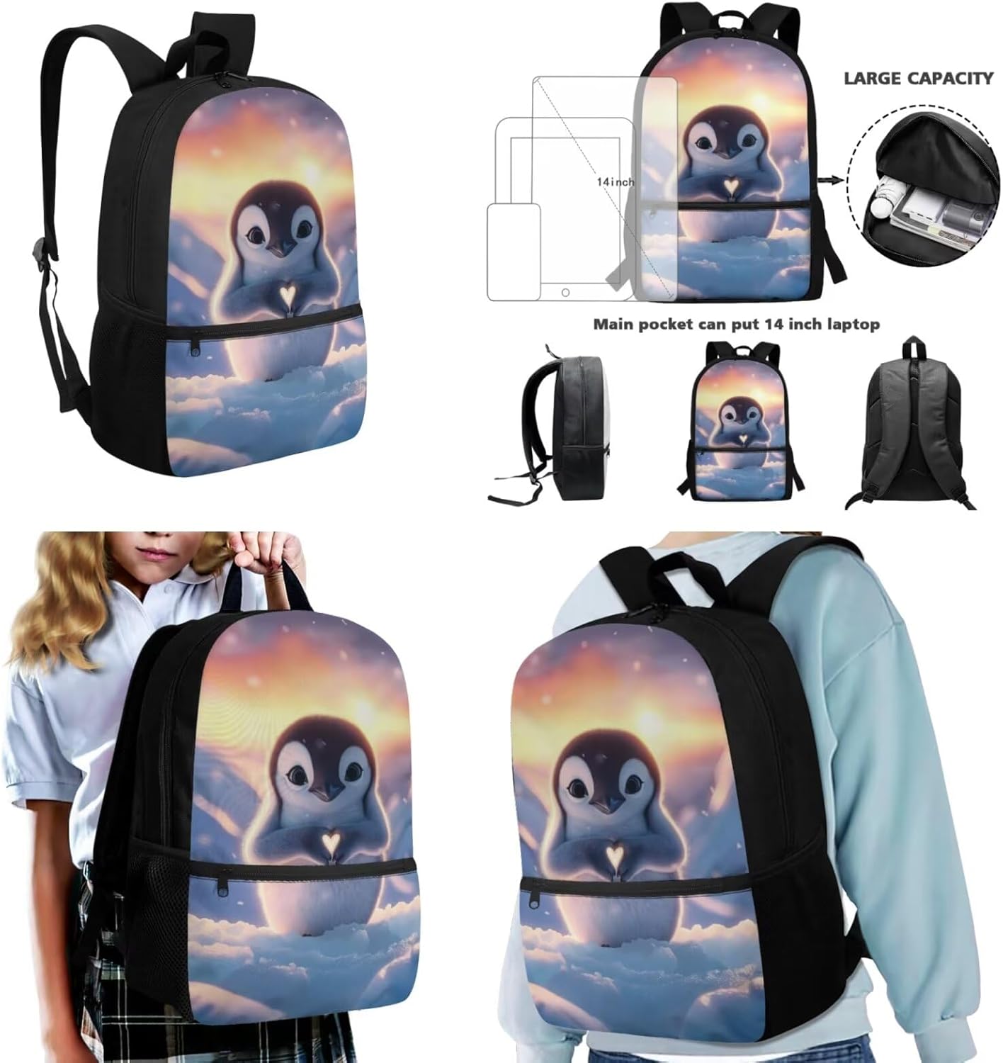 Penguin Backpack with Lunch Box for Girls Cute School Bag for Kids and Lunch Bag Water Bottle Holder Pencil Case Ages 8-12 Book Bags Lunchbox Set 4-in-1 Back to School Backpacks