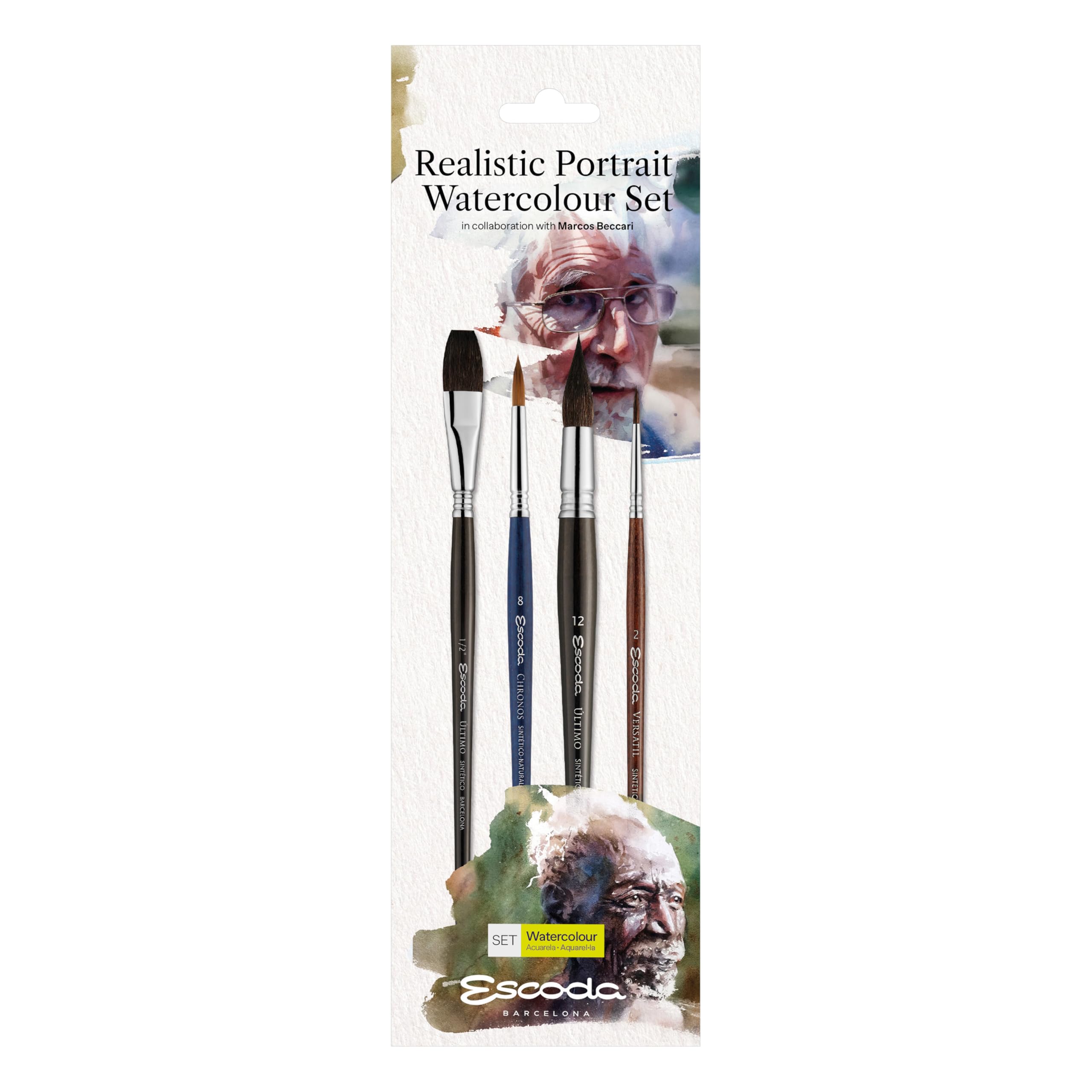 ESCODA | Acuarela| Realistic Portrait Watercolour Set | 4 Pinceles | Tamaño 8,1/2",12,2 | Fibra Sintética Sintético-Natural | Redondo en Punta, Plano, Redondo Pluma