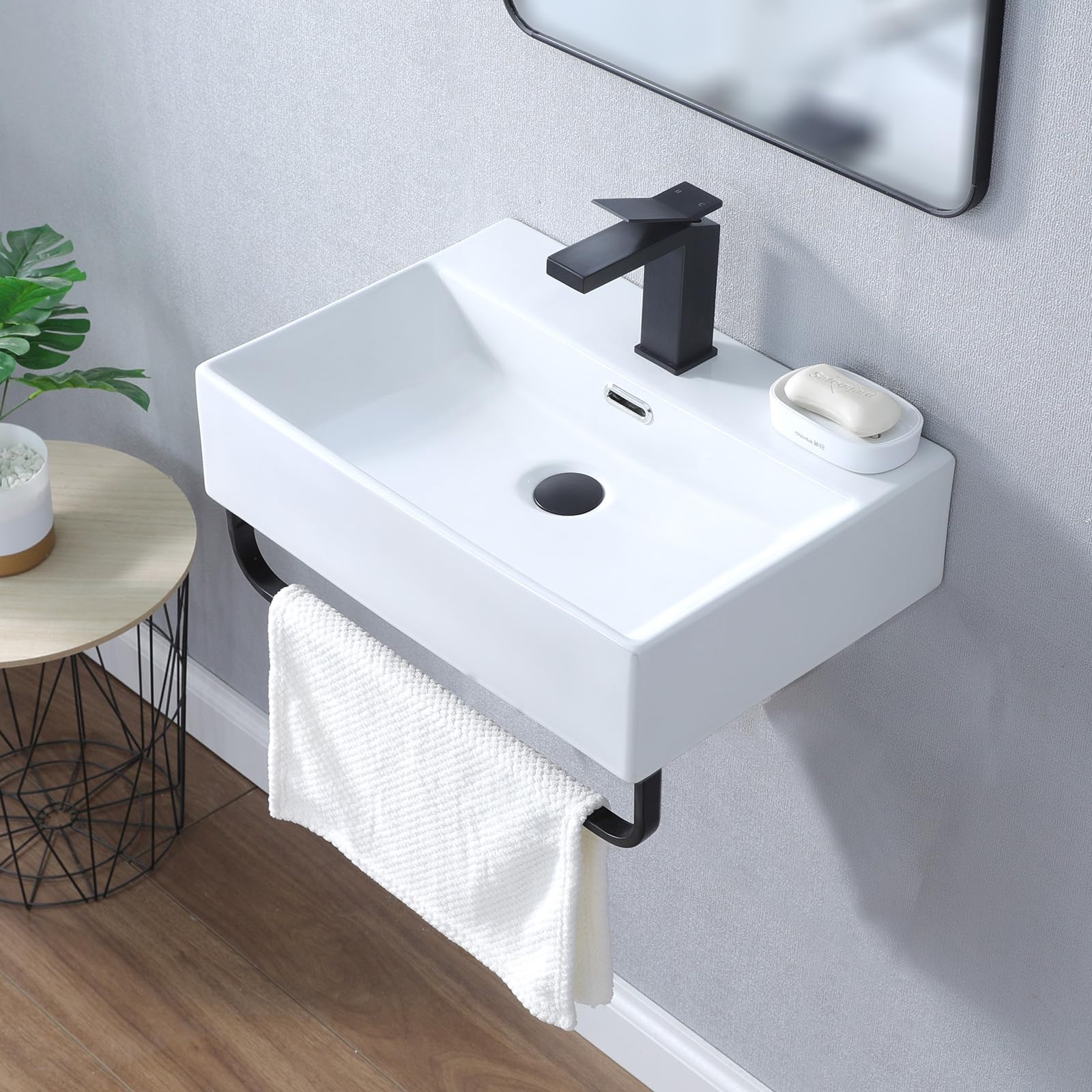 wall mounted bathroom sink with towel rack, 20" x 14" modern bathroom ceramic wall mount vessel sink, commercial white rectangular porcelain sinks for small bathrooms wall hung