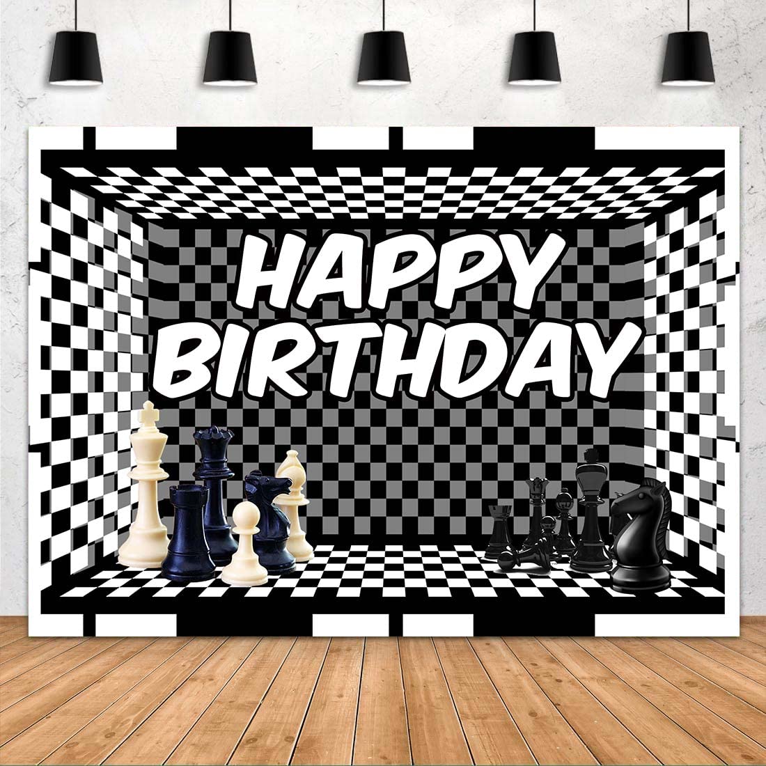 FHZON Chess Birthday Backdrop Black and White Checkered Simple Background Theme Activity Scene Background Cake Tablecloth 7x5ft BJMYFH39