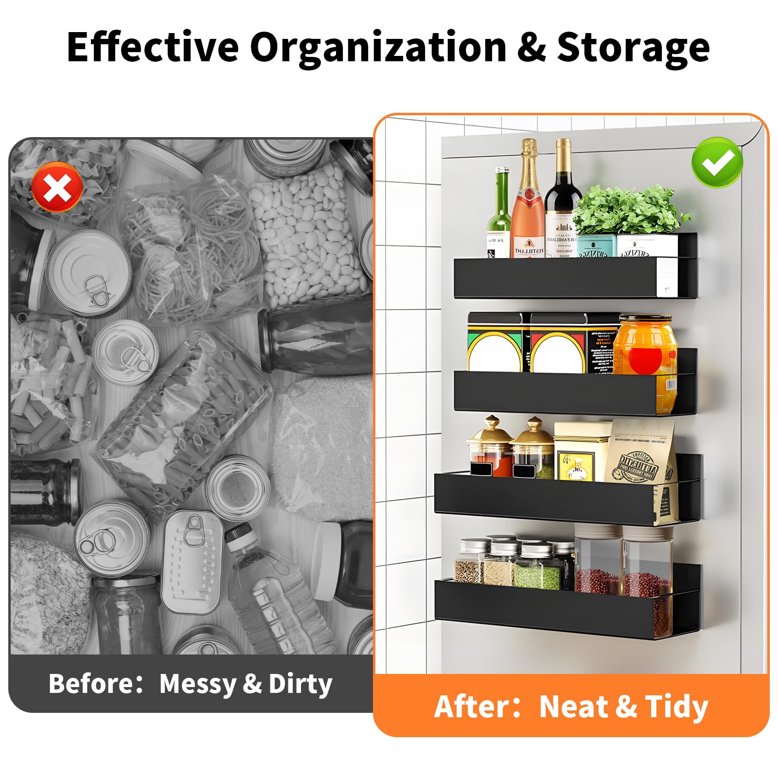 Magnetisches Gewürzregal für Kühlschrank, ohne Bohren, magnetisches Aufbewahrungsregal, magnetischer Gewürz-Organizer für Küchenorganisation und Aufbewahrung, schwarz, 4 Stück